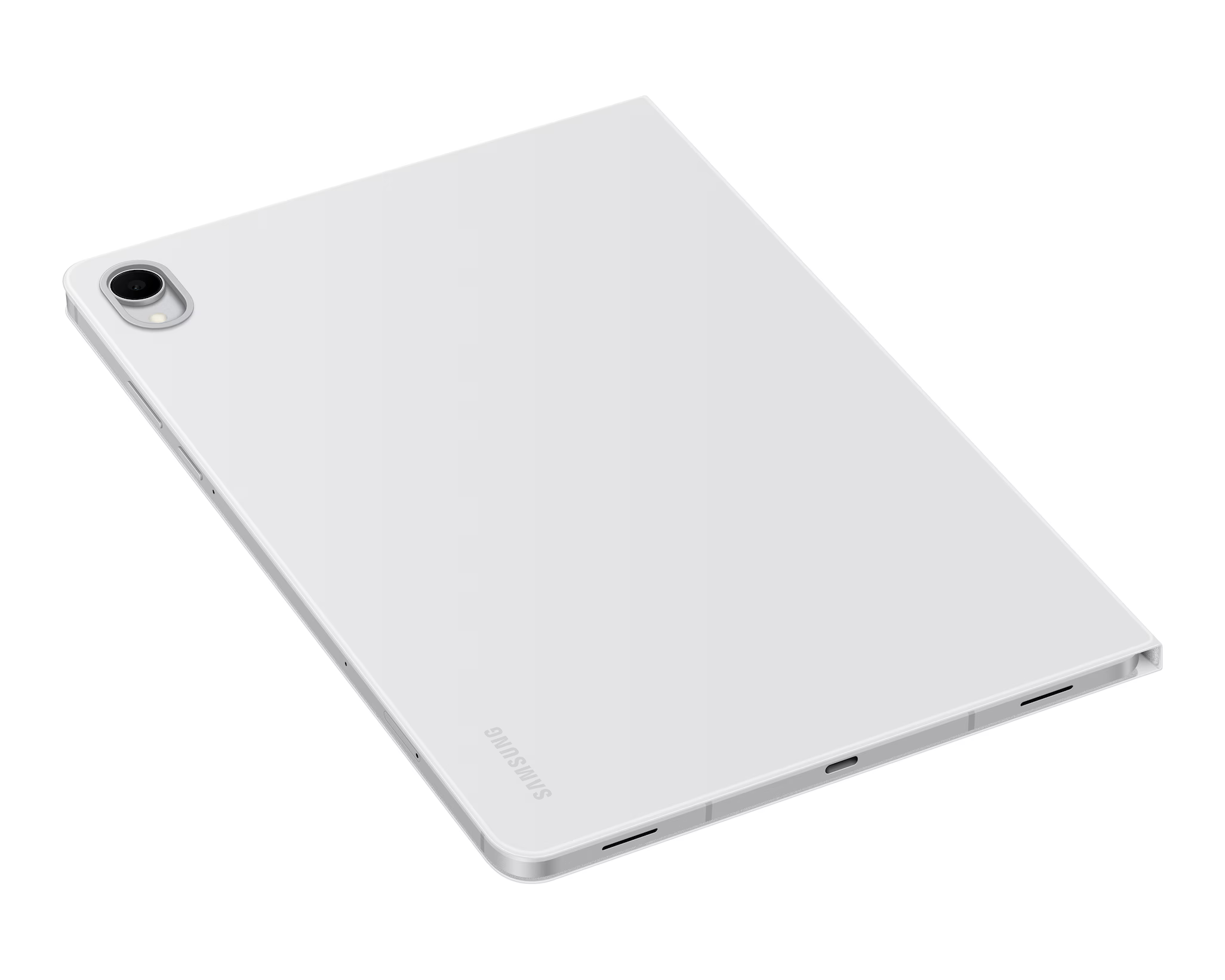 Fehér tablet hátlap, sarokban kamera, Samsung logó, ezüst keret, USB-C portok és bekapcsoló gombok.