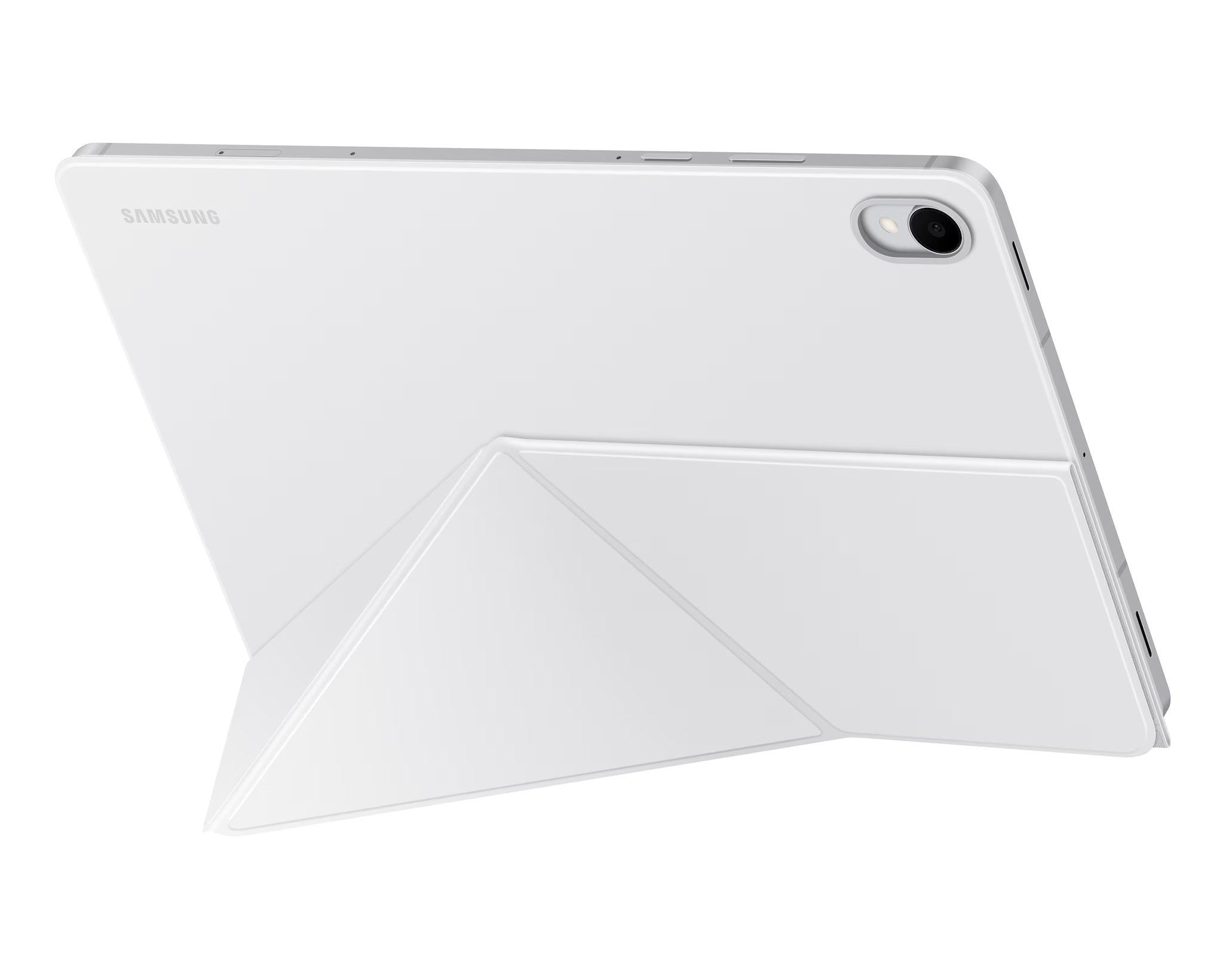 Fehér táblagép fehér, összecsukható tokkal. A Samsung logója a táblagépen található. A tok háromszög alakú.