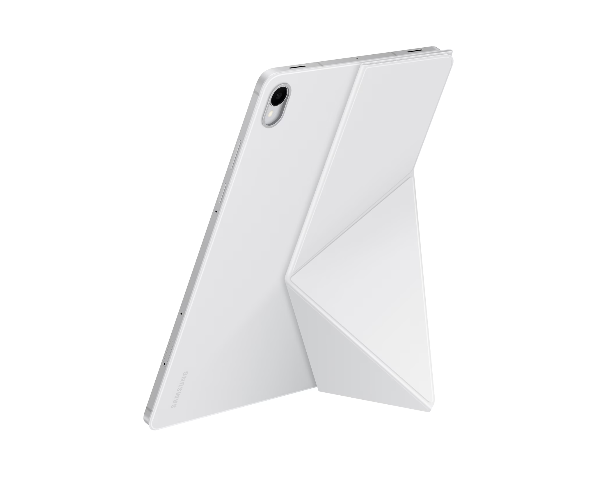 Fehér Samsung tablet fehér tokkal. A tok össze van hajtva, hogy a tabletet fehér háttéren támasztsa.