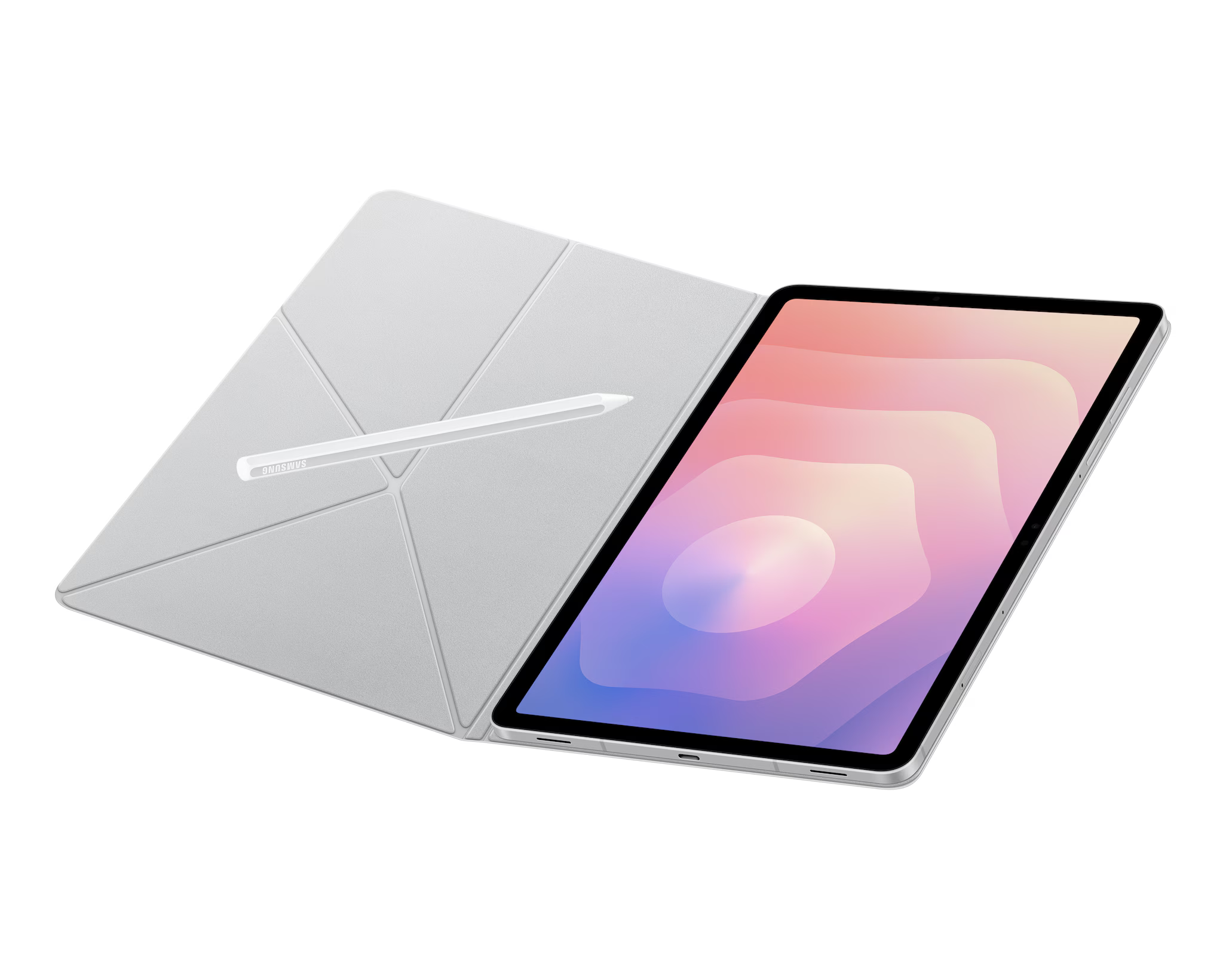 Tablet tokkal és tollal. A tablet be van kapcsolva, színes absztrakt formákat jelenít meg. A tok és a toll világosszürke.