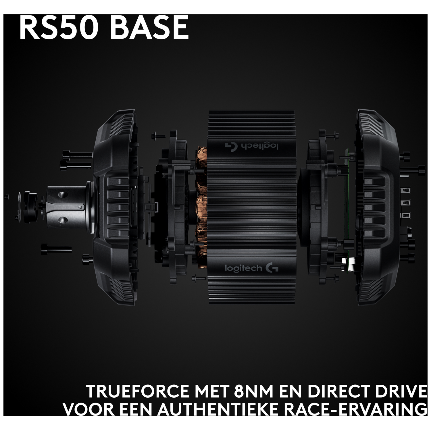 Exploded view van een zwarte RS50 BASE. Het heeft interne componenten en het Logitech G-logo. Tekst luidt 'TRUEFORCE' en 'DIRECT DRIVE'.