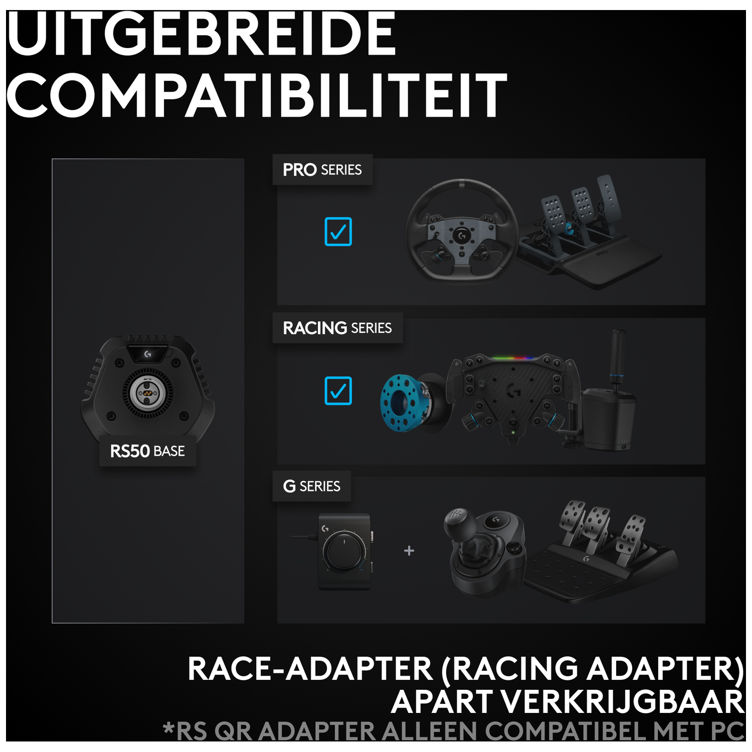 Afbeelding toont racestuurcomponenten. Inclusief stuurwielen, pedalen en een versnellingspook. Verschillende series worden gemarkeerd met vinkjes.