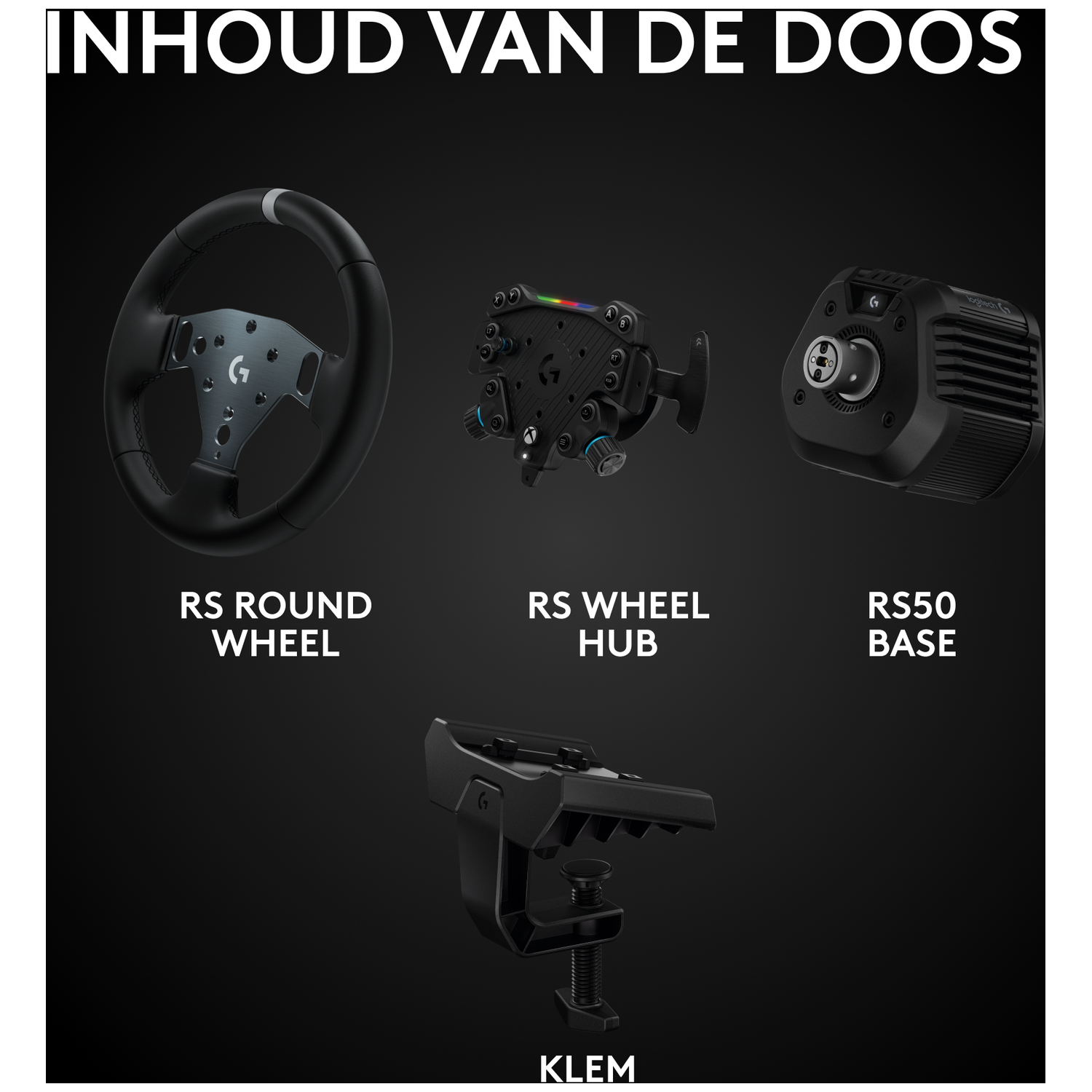 Afbeelding toont een stuur, wielnaaf, basis en een klem, allemaal zwart, met witte tekstlabels.