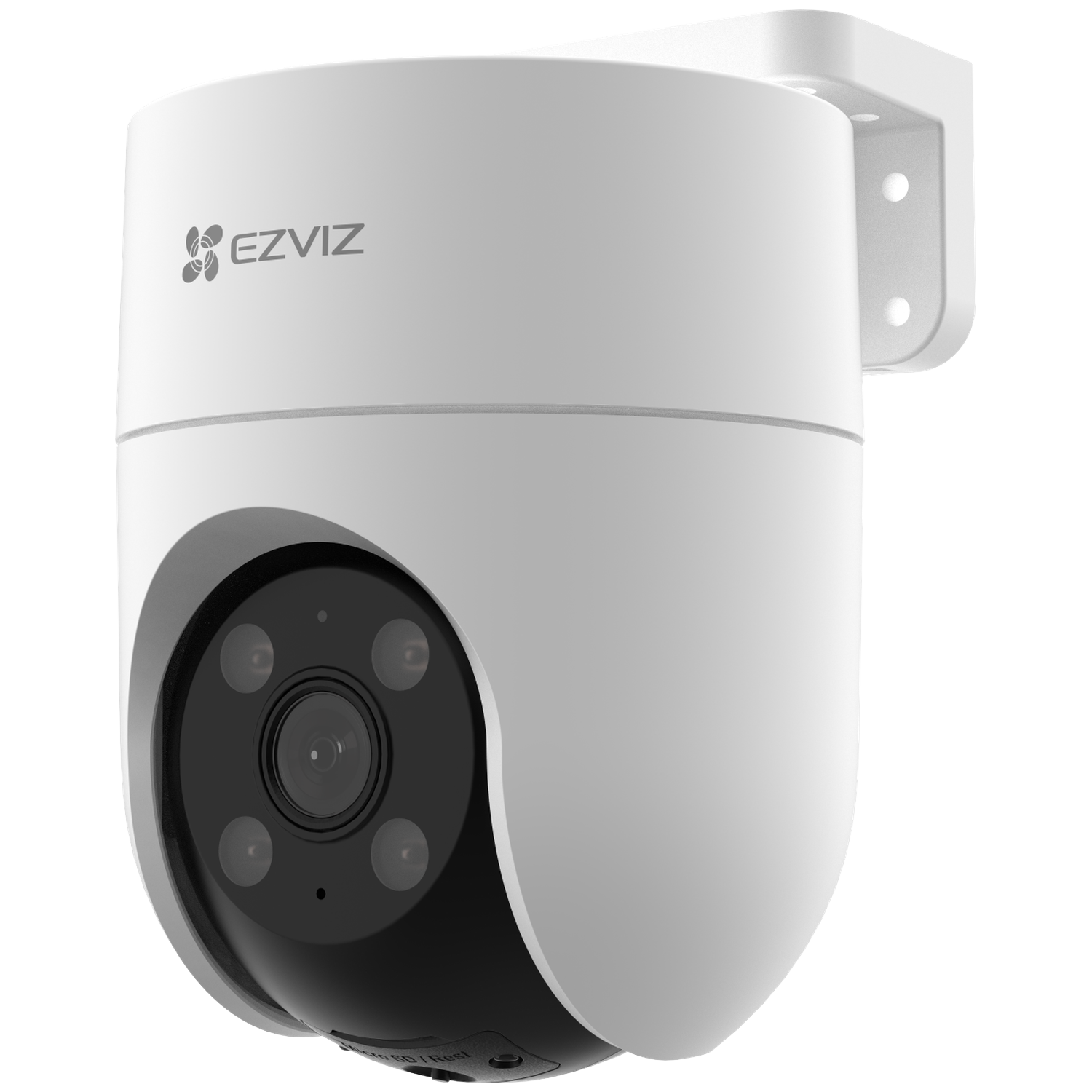 Witte EZVIZ beveiligingscamera. Het heeft een zwarte cameralens en een beugel voor montage.