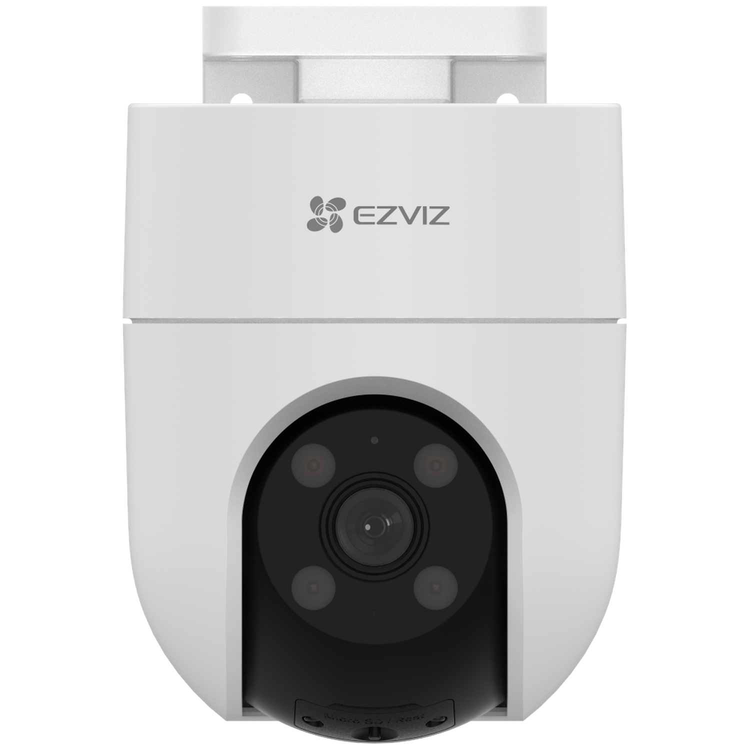 Witte EZVIZ beveiligingscamera. Het heeft een zwarte voorkant met een lens en vier rode LED's. Het EZVIZ-logo staat bovenaan.