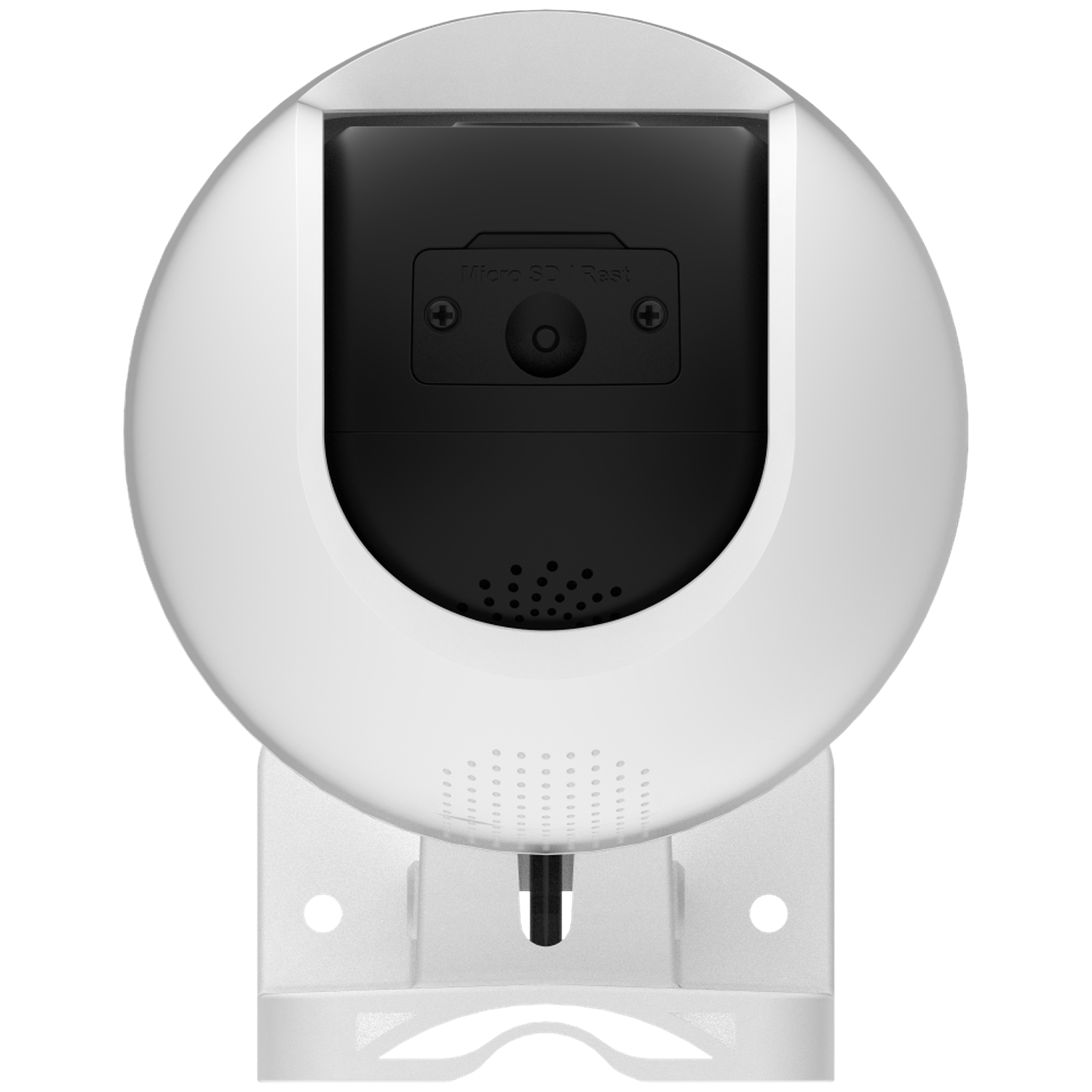 Een witte beveiligingscamera met een zwart midden. Het heeft een afgerond ontwerp. De camera is op een witte beugel gemonteerd.