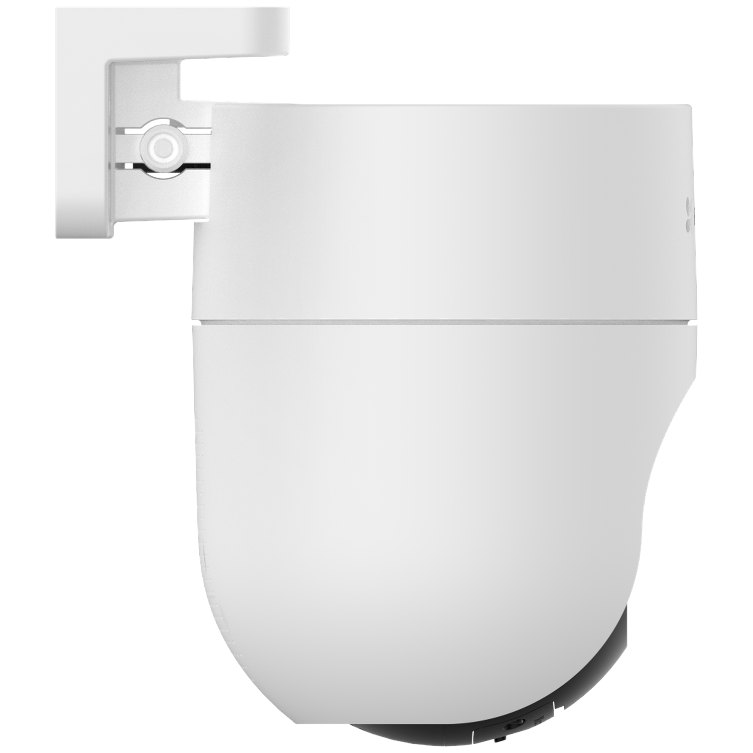 Een witte beveiligingscamera met een zwarte onderkant en een muurbeugel. Het is een modern, strak ontwerp.