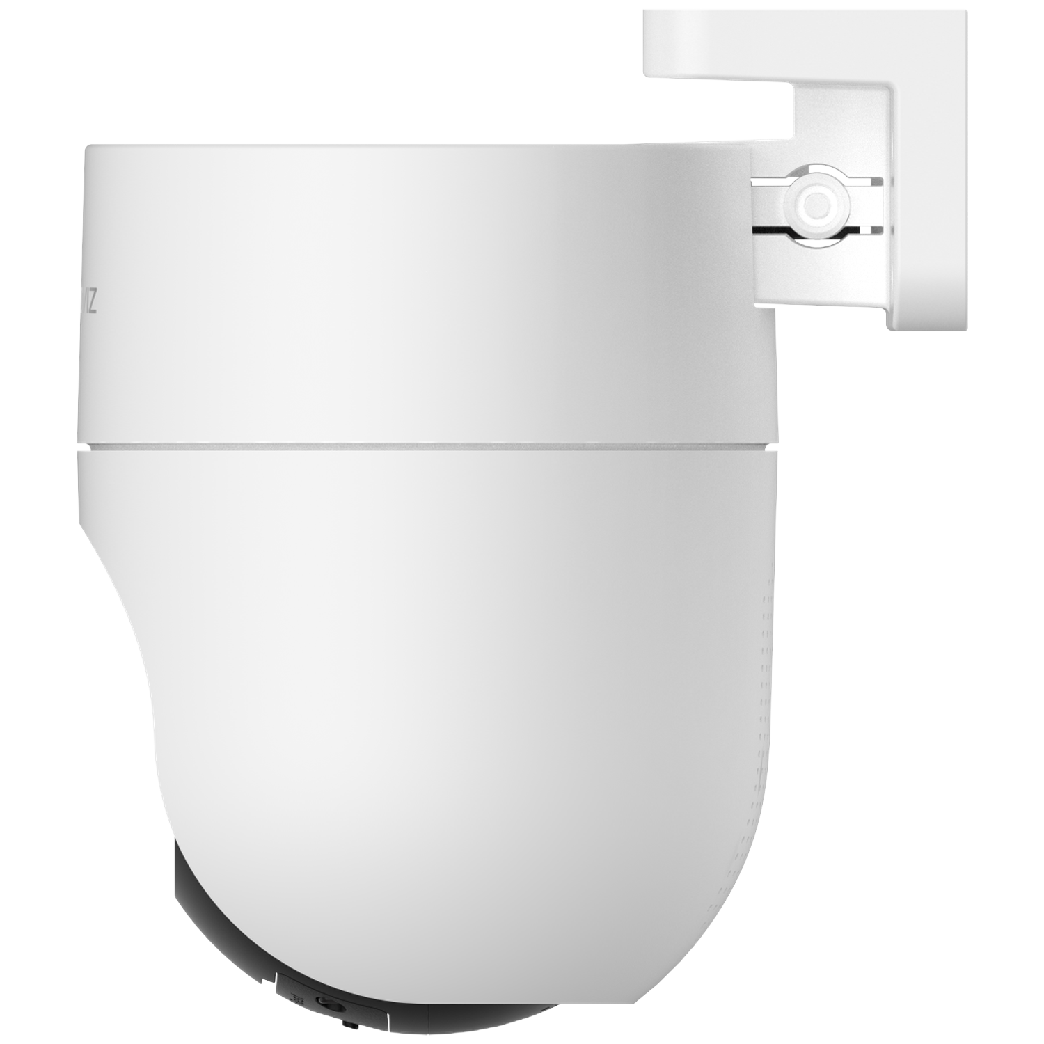 Een witte beveiligingscamera met een zwarte onderkant en een montagebeugel. De camera is gemonteerd op een wit oppervlak, geïsoleerd op wit.