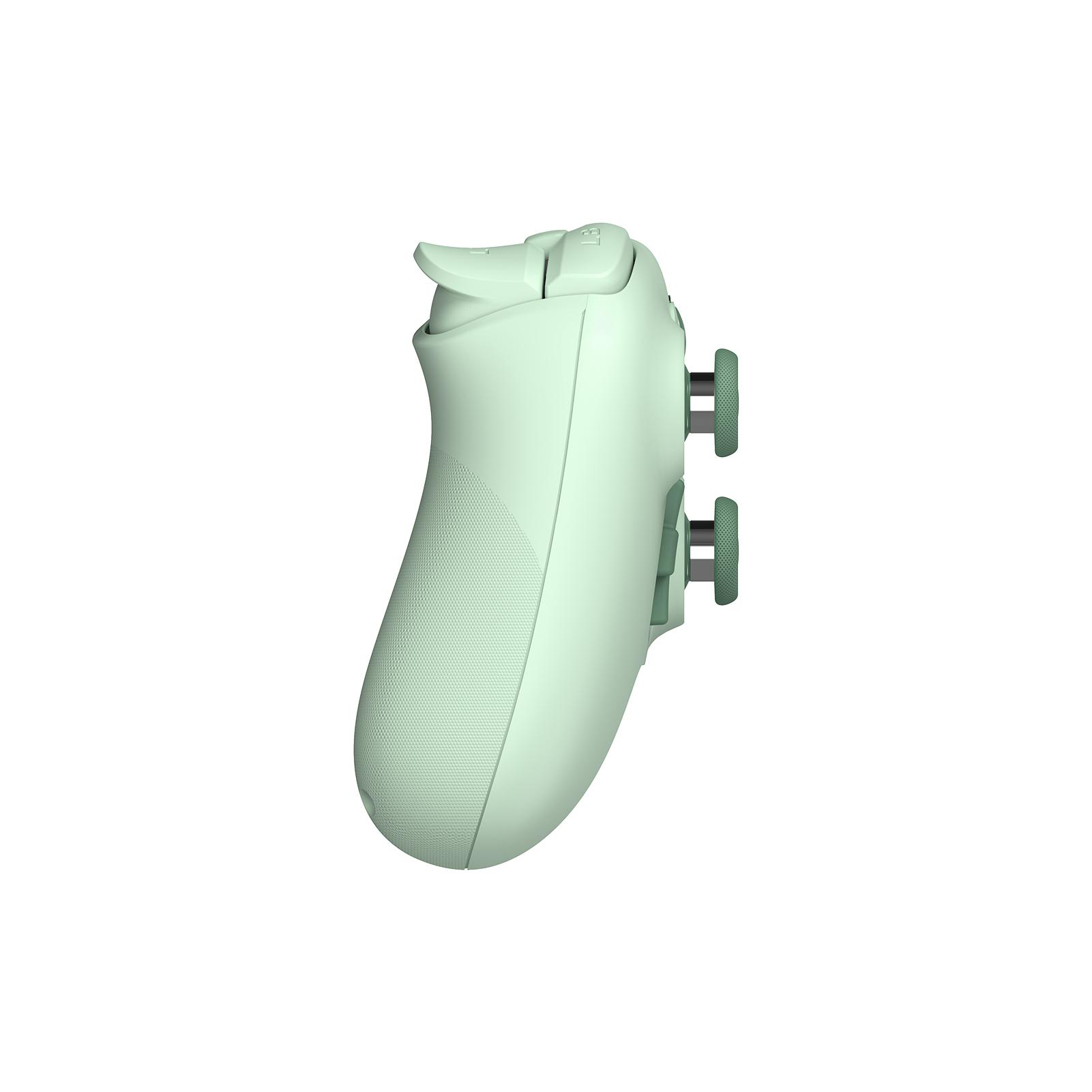 Ein hellgrüner Gamecontroller mit Knöpfen. Der Hintergrund ist weiß.