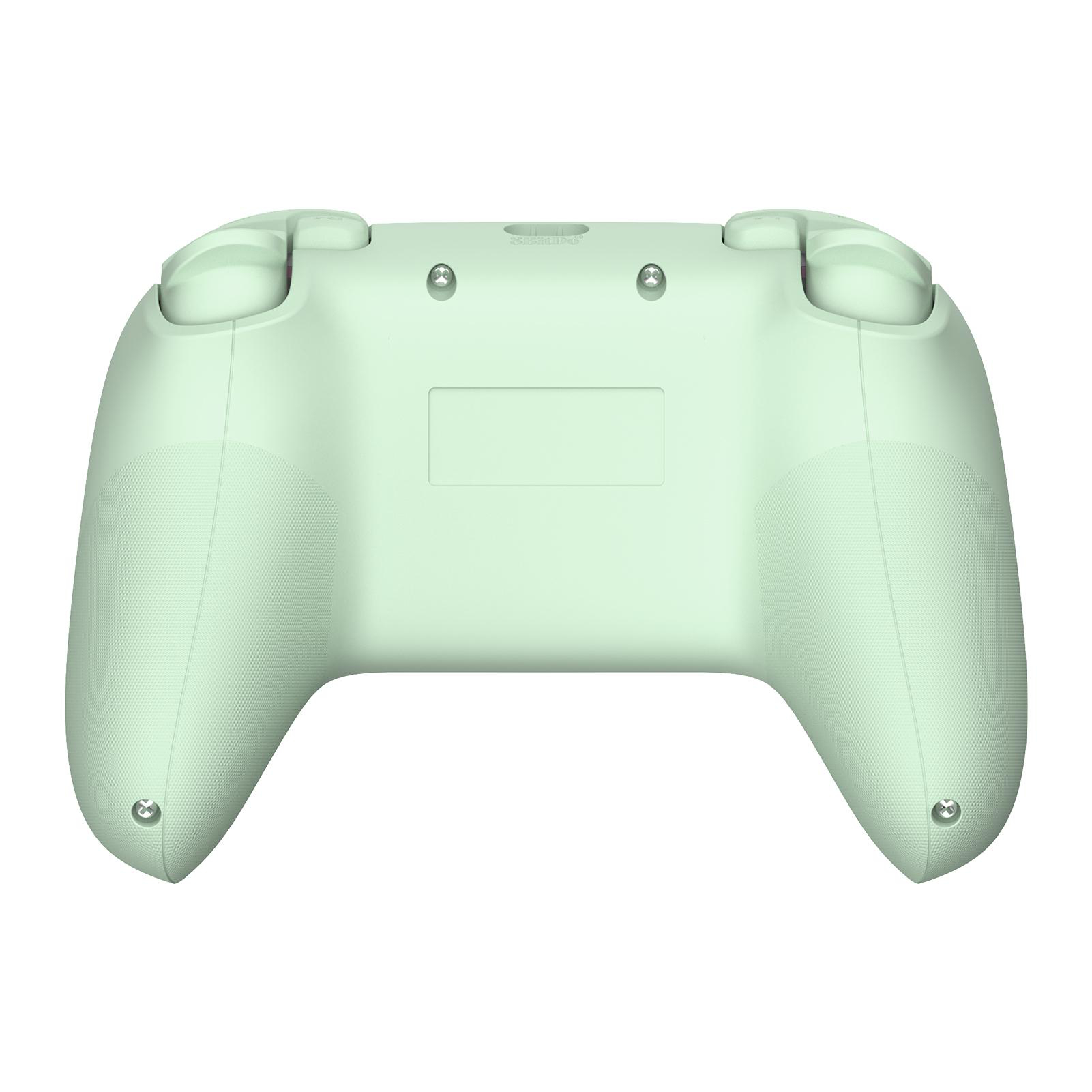 Die Rückseite eines hellgrünen Gamecontrollers ist zu sehen. Der Controller hat eine glatte Oberfläche und besteht aus Kunststoff.
