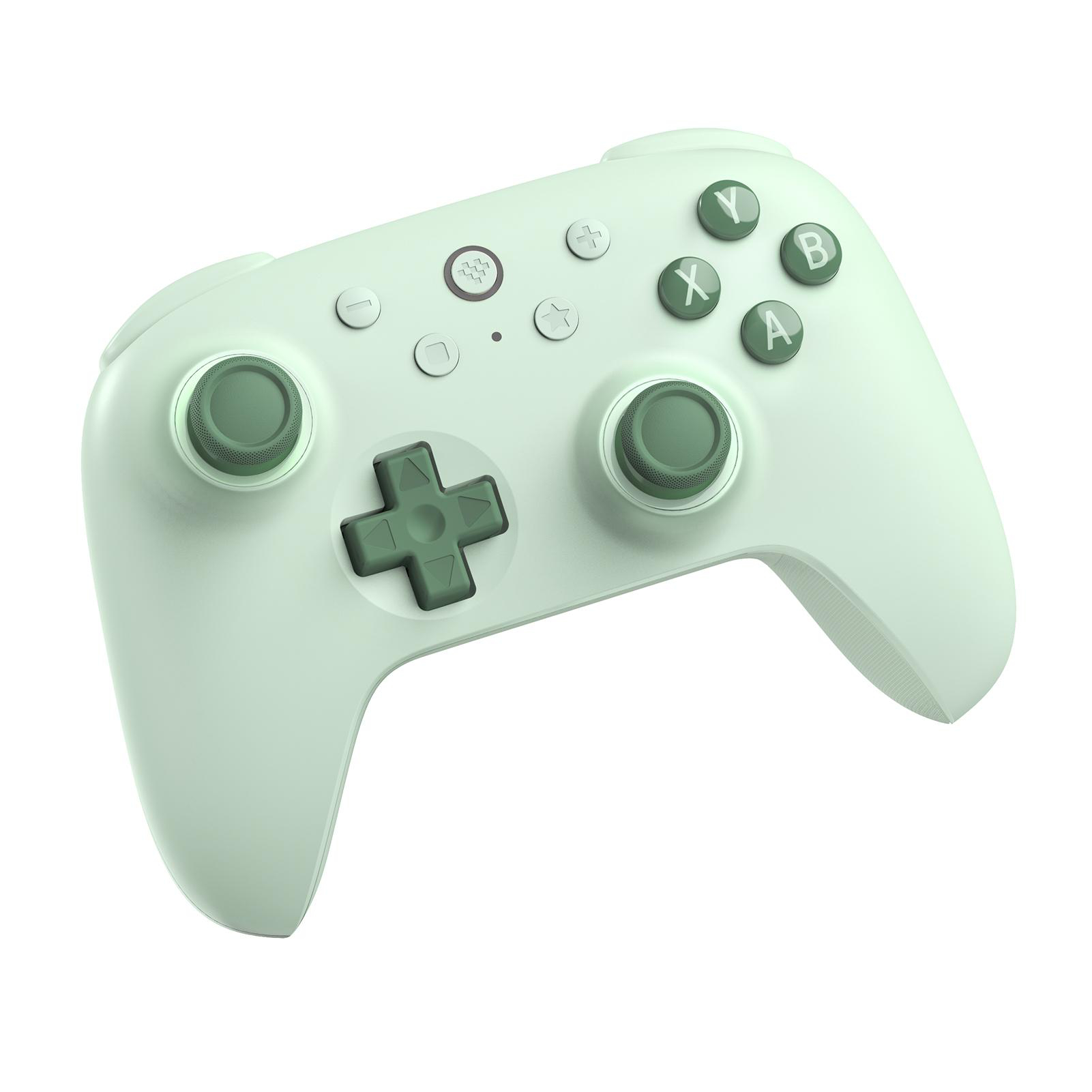 Ein hellgrüner Gamecontroller mit Knöpfen, Sticks und einem Steuerkreuz. Isoliert auf weißem Hintergrund.