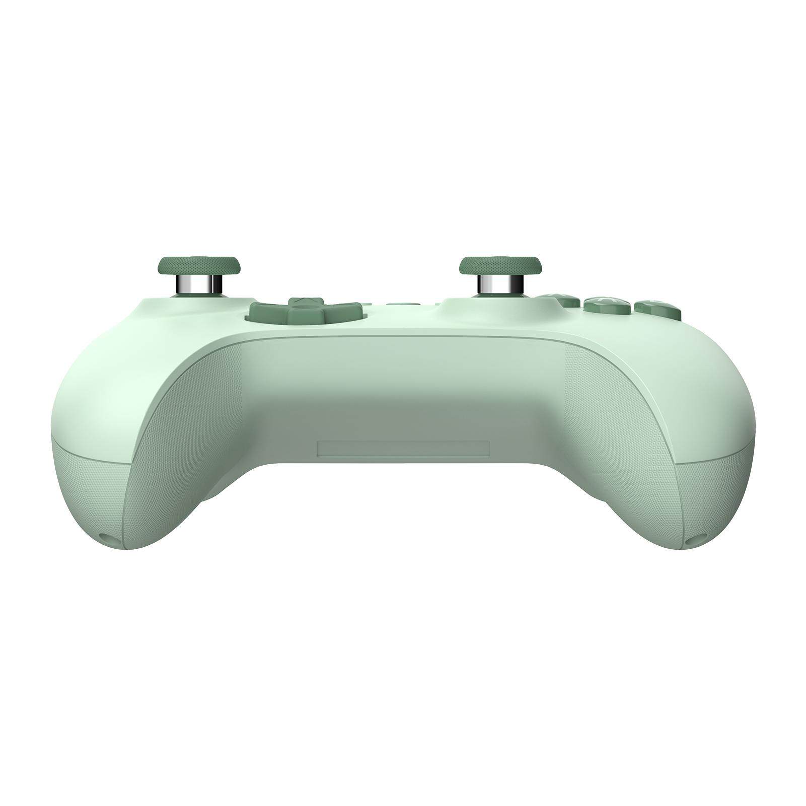 Ein hellgrüner Gamecontroller mit Knöpfen, Analogsticks und einem Steuerkreuz vor weißem Hintergrund.