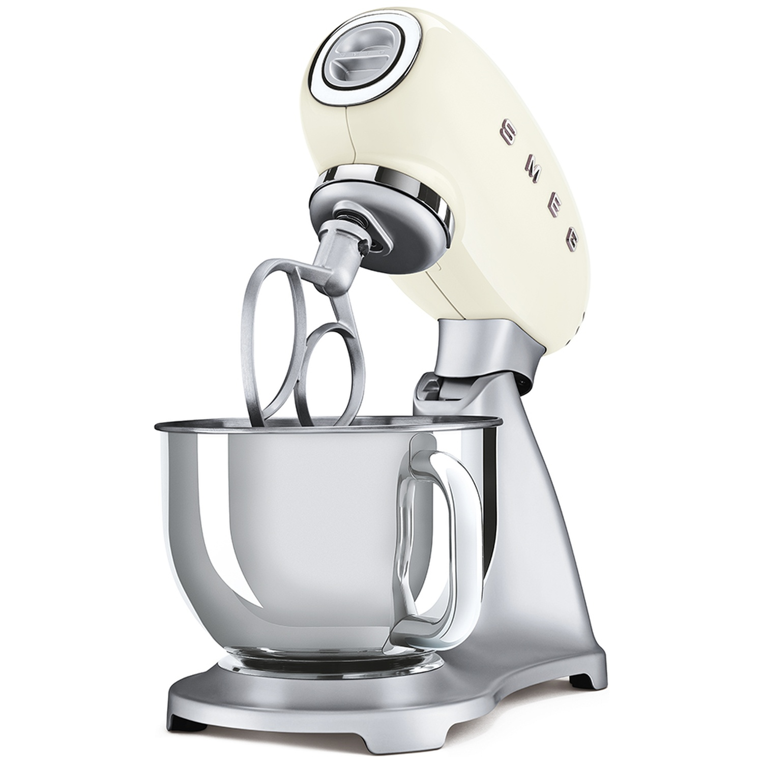 A cream-colored stand mixer with a stainless steel bowl and attachments. The brand name, SMEG, is visible on the mixer body.