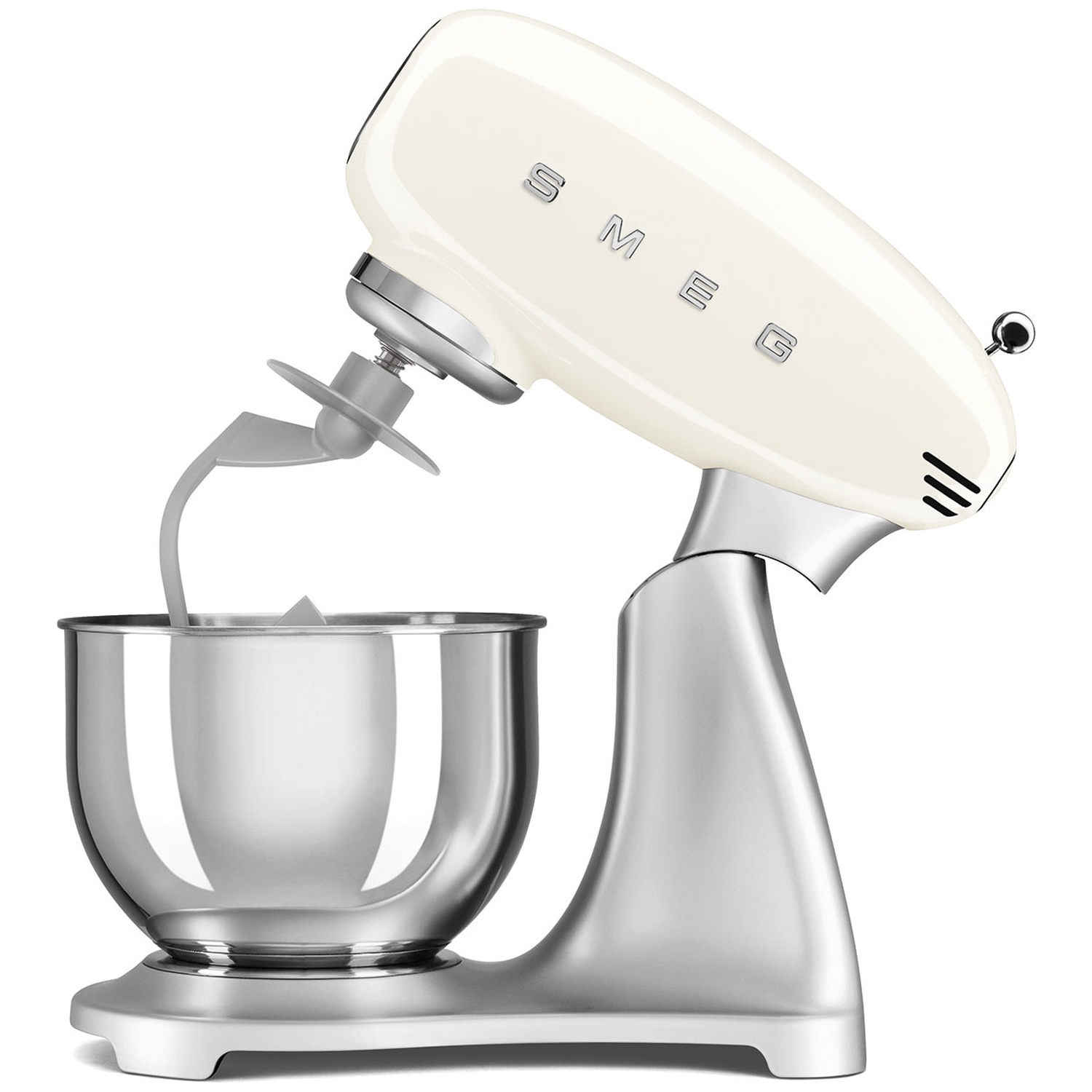 A cream-colored Smeg stand mixer with a stainless steel bowl and base. The mixer is on a white background, highlighting its design.