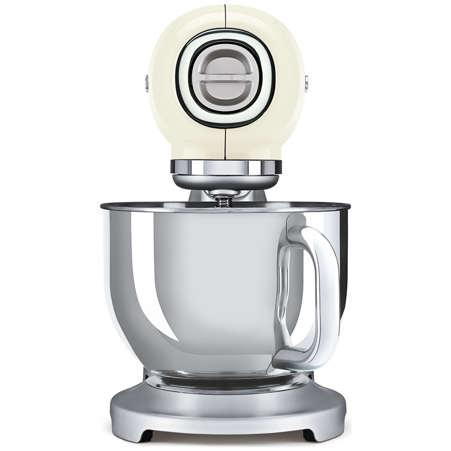 Cream-colored stand mixer with a stainless steel bowl. The mixer has a round head with a dial, sitting on a sturdy base.