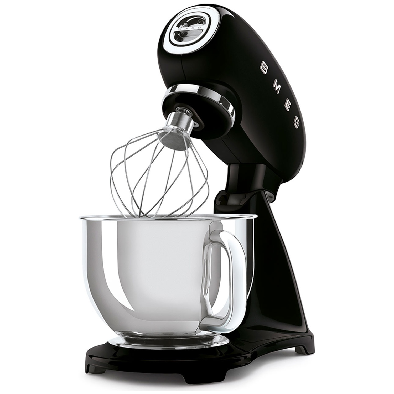 A black Smeg stand mixer with a silver bowl and whisk attachment, set against a white background.