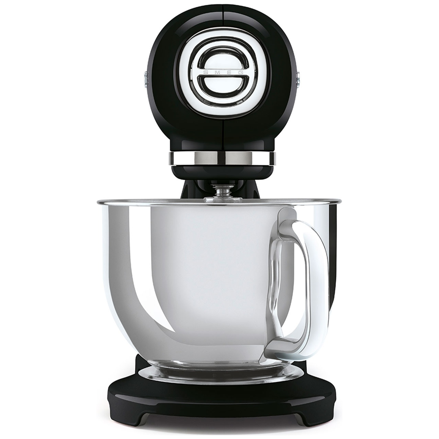A black and silver stand mixer is centered. It has a large bowl and a black motor head with a chrome logo. The base is black.