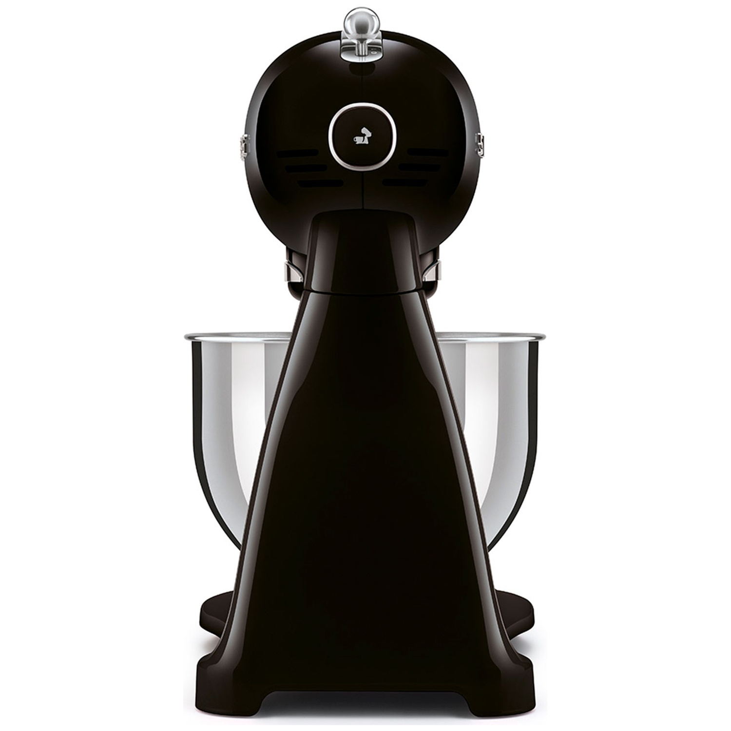 A black stand mixer, with a stainless steel bowl. The mixer has a retro design, and is set against a white background.