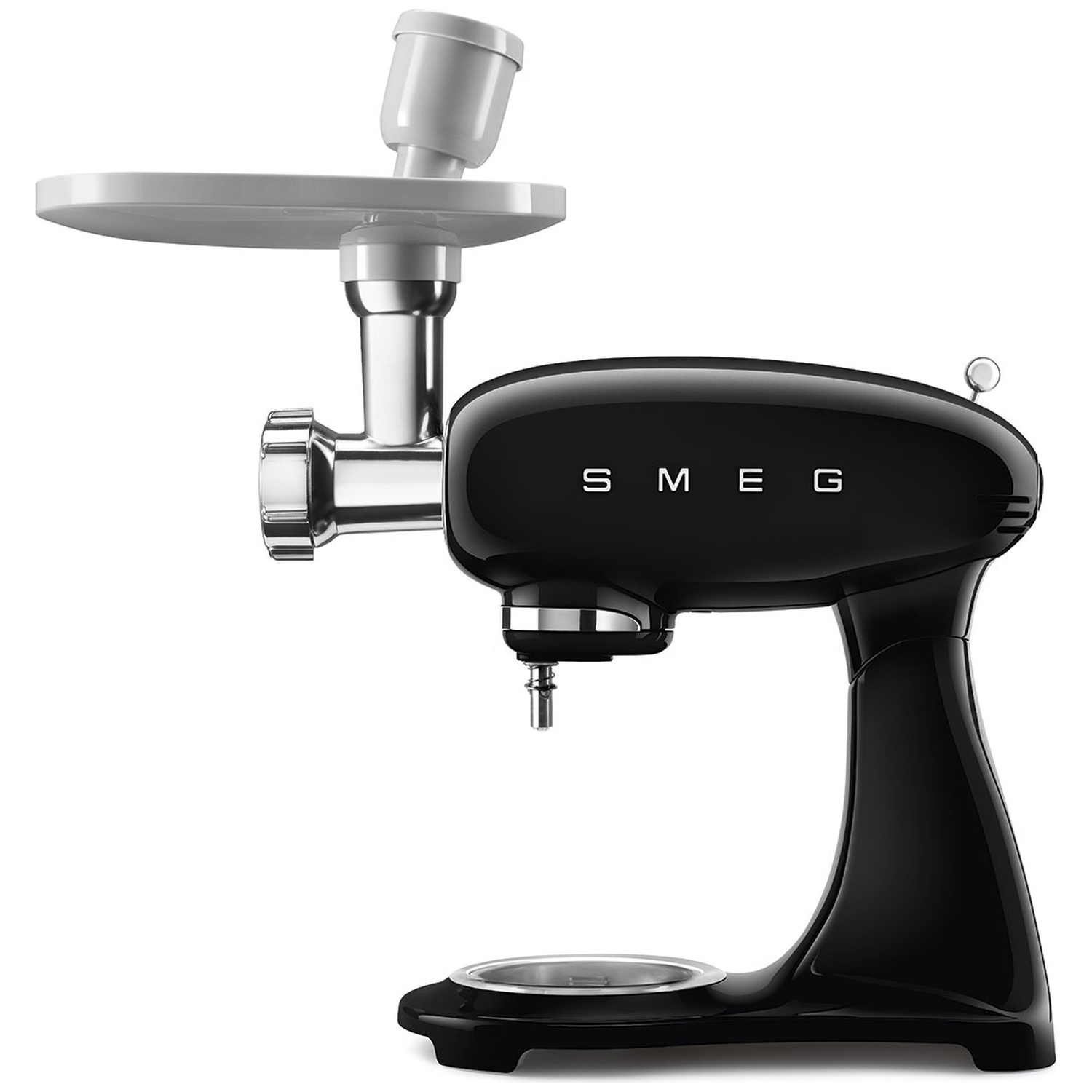 A black SMEG mixer with a white meat grinder attachment. The mixer is on a white background.