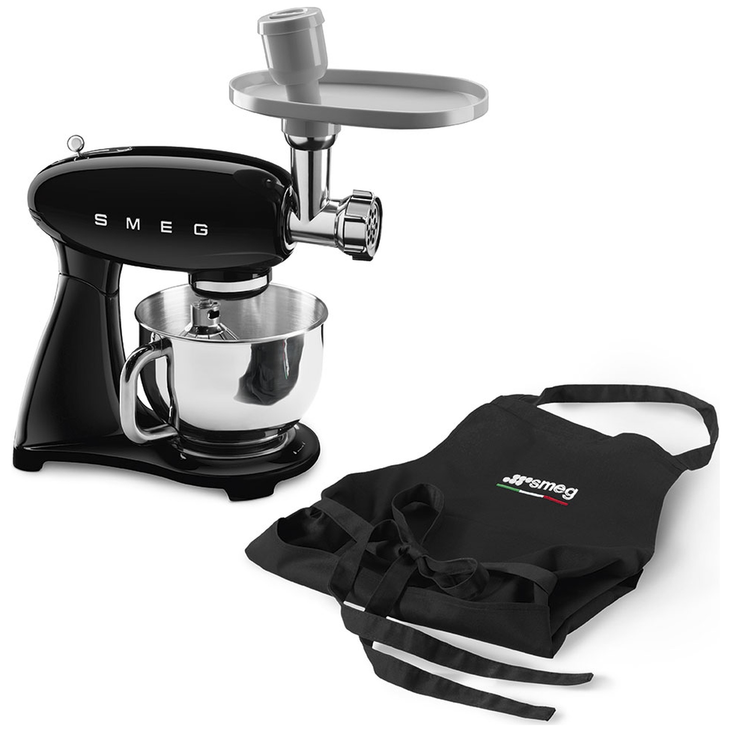 Black Smeg stand mixer with attachments and a black apron with the Smeg logo. The mixer has a silver bowl.