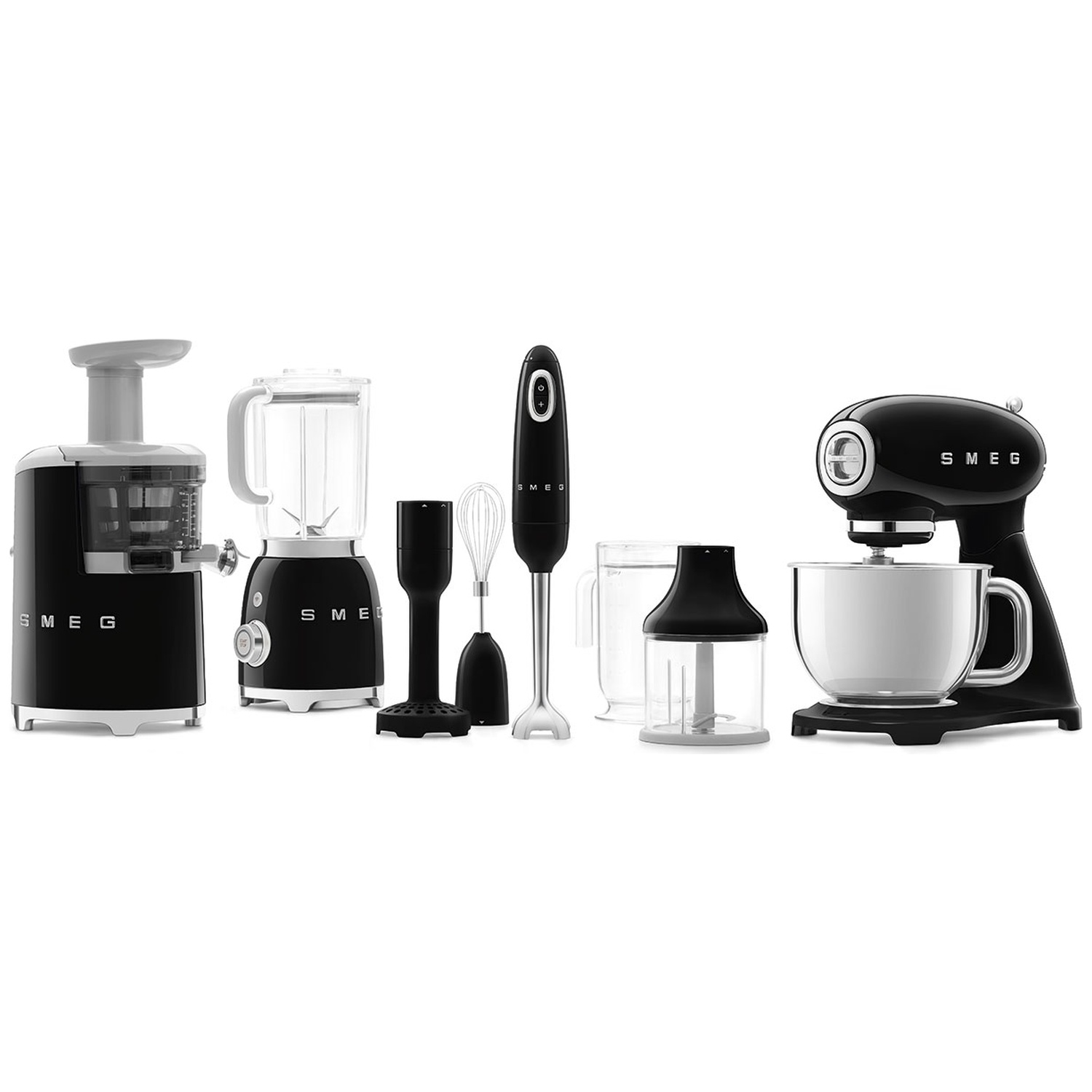 Image shows various SMEG kitchen appliances, including a juicer, blender, immersion blender, and stand mixer, all in black and white.
