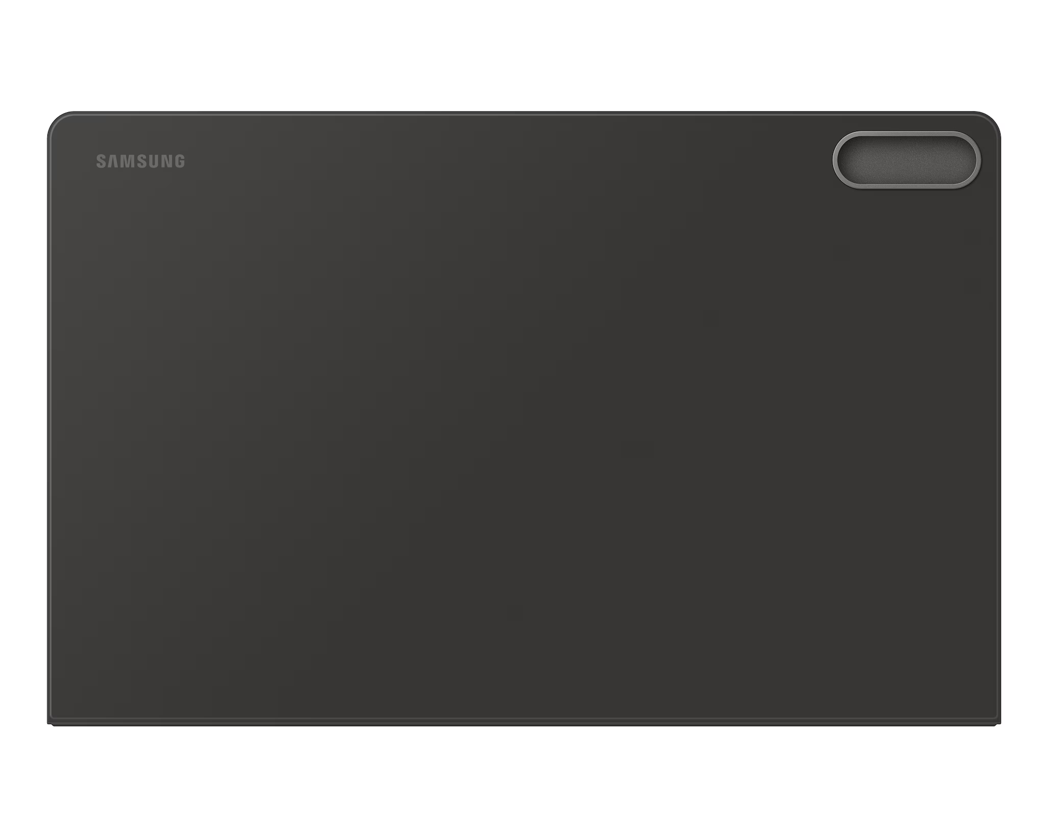 Sötétszürke táblagép lekerekített sarkokkal. A Samsung logója bal felül. Kamera jobb felül.