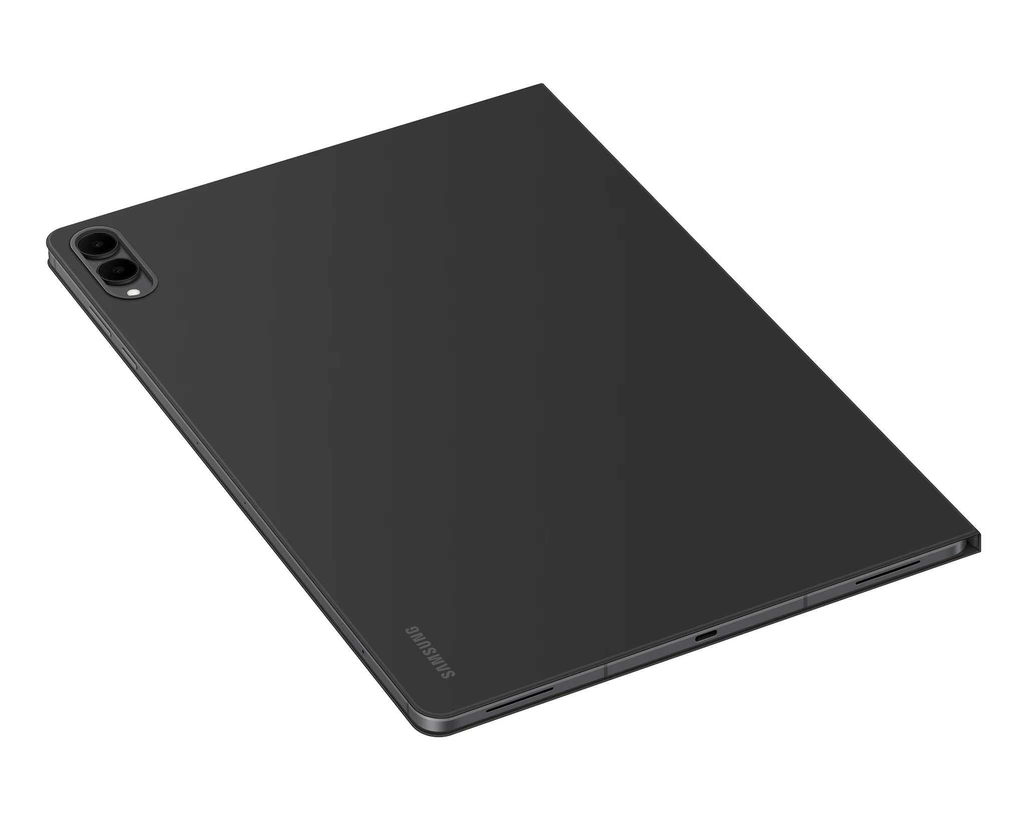 Sötétszürke Samsung tablet fehér háttérrel. Kettős kamerával rendelkezik, és látható a Samsung logó.