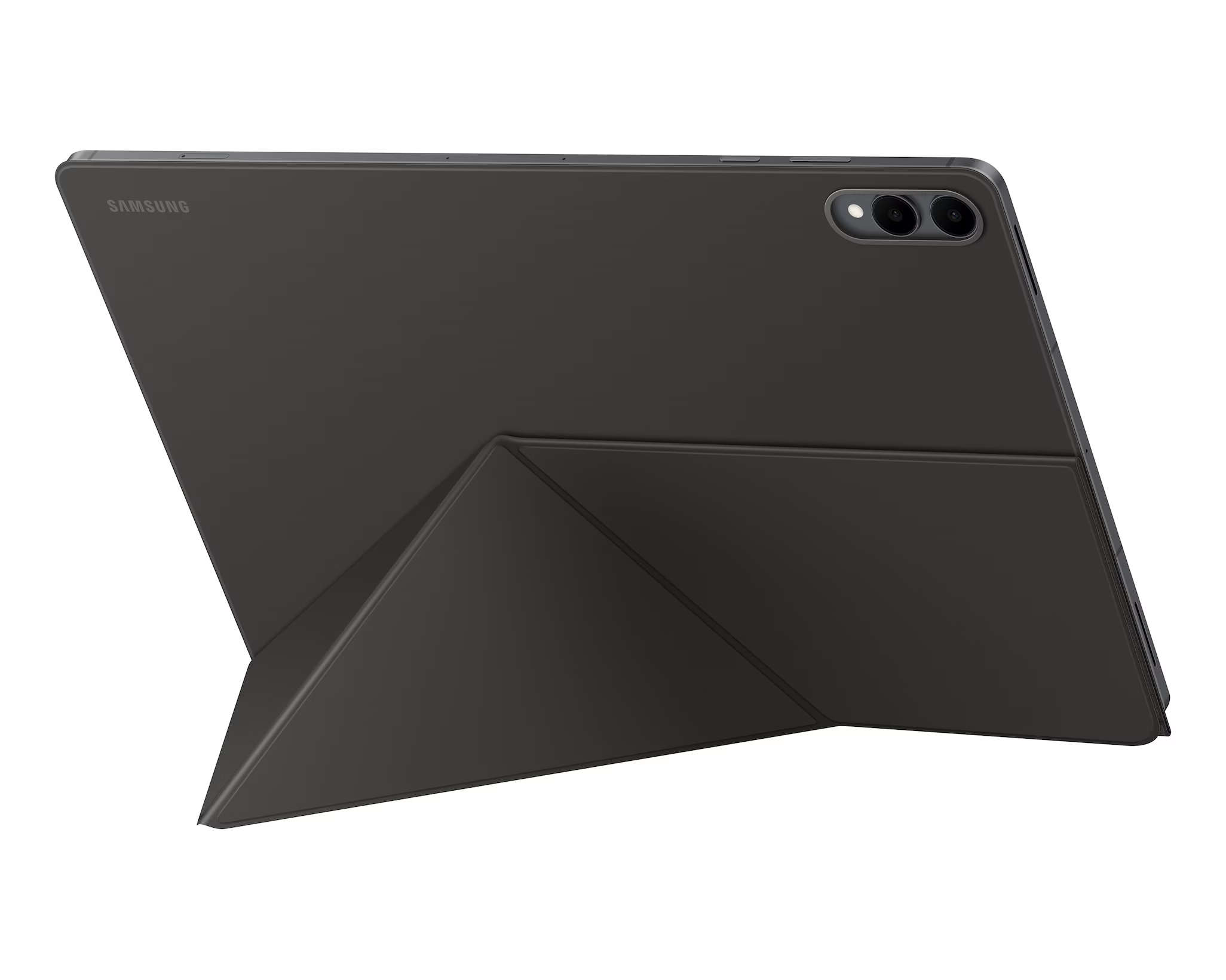 Egy fekete tablet összehajtható borítással fel van támasztva. A borító állványt képez. Samsung logó látható.