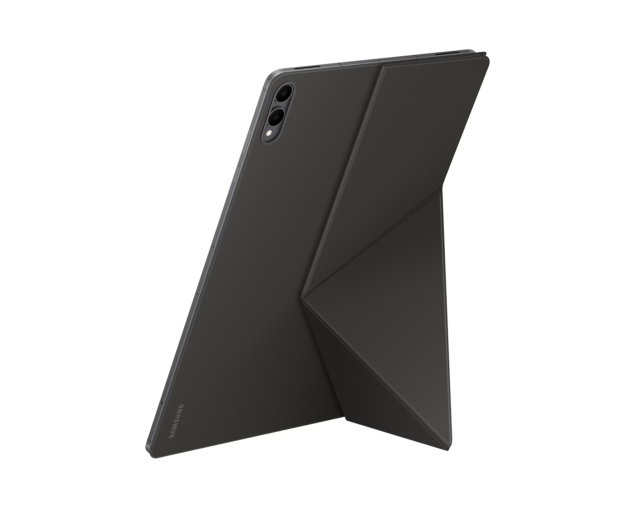 Egy fekete Samsung tablet, hozzáillő tokkal, felállítva. A tok összehajtva tartja a tabletet.