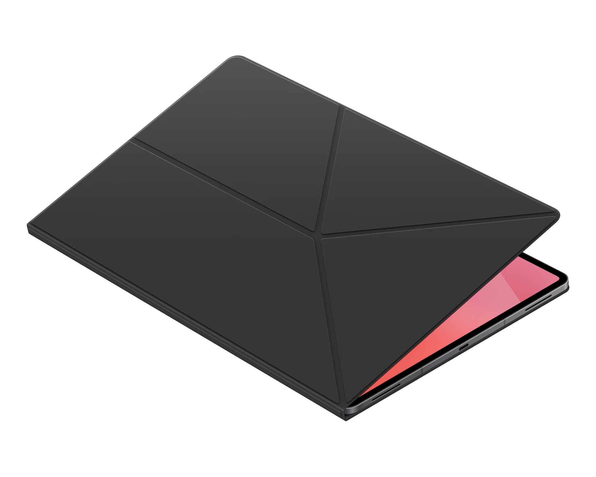 Fekete tablettatok nyitva, rózsaszín képernyős táblagépet mutatva. A tok geometriai, fehér háttéren.