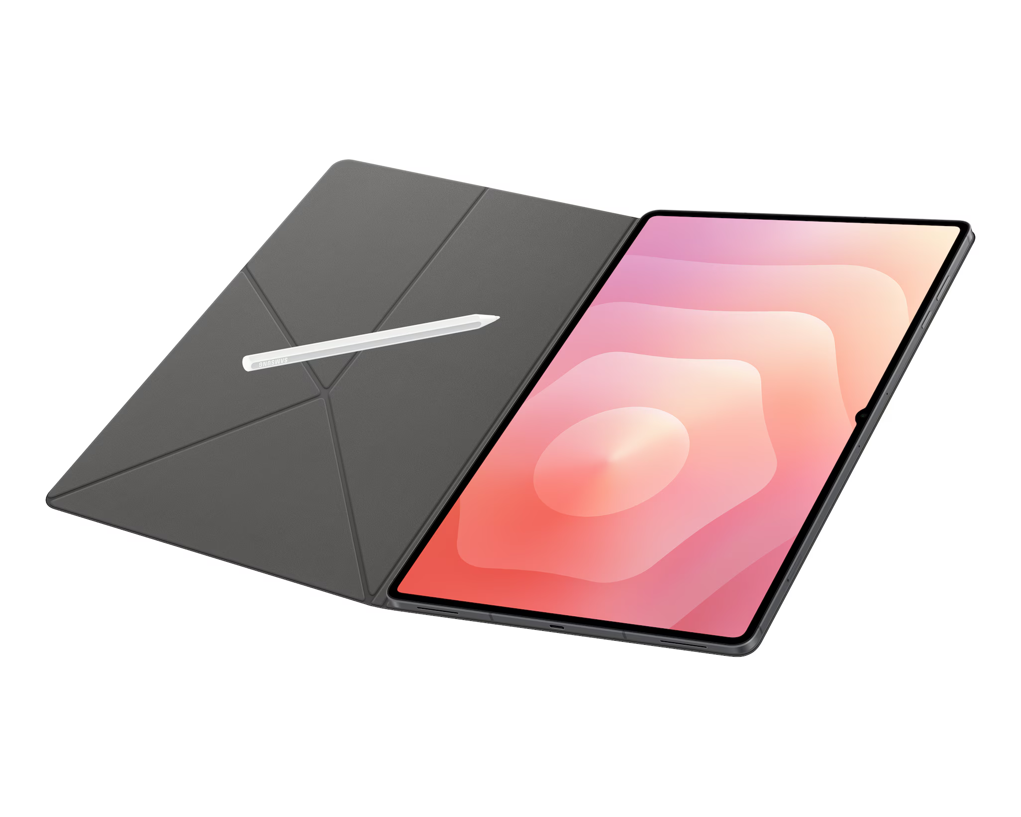 Tablet tokkal és tollal. A tablet színes képet jelenít meg. A tok szürke, a toll fehér.