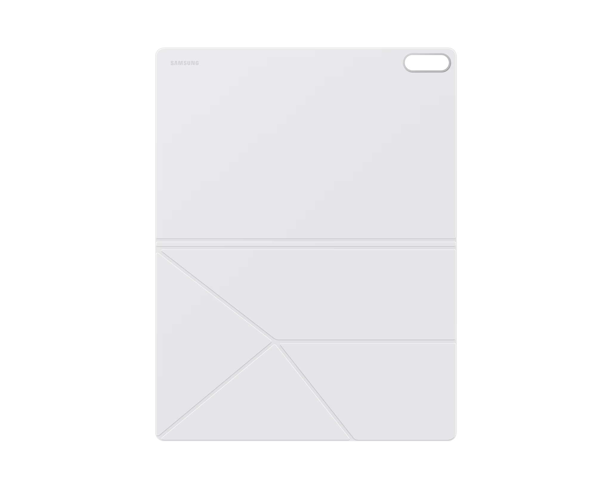 Fehér tabletta tok Samsung logóval. Felül kivágás van. Az alja hajtogatott geometriai kialakítású.
