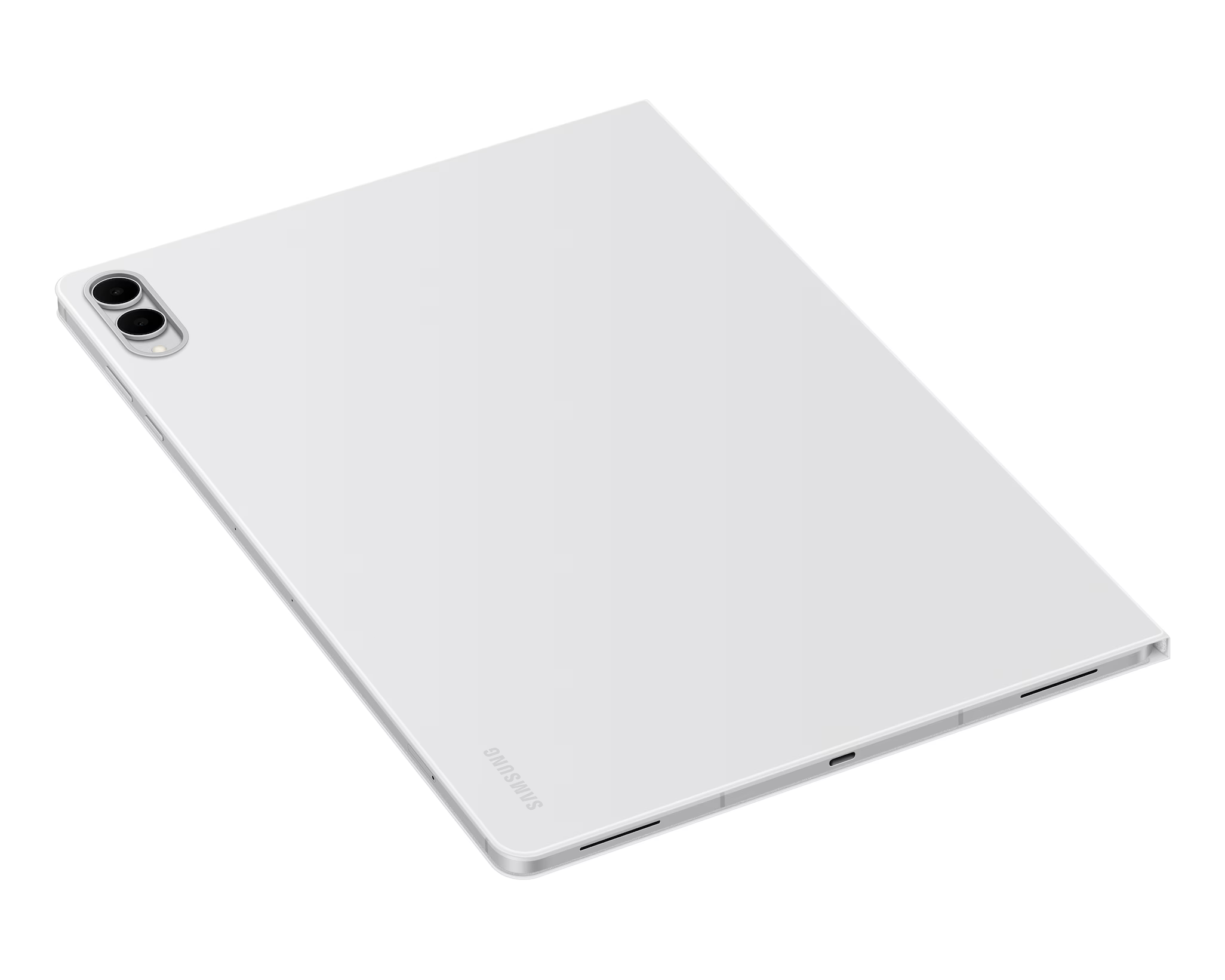 Fehér Samsung tablet, szögletes nézetben. Kettős kamerával, ezüst kerettel és Samsung logóval.