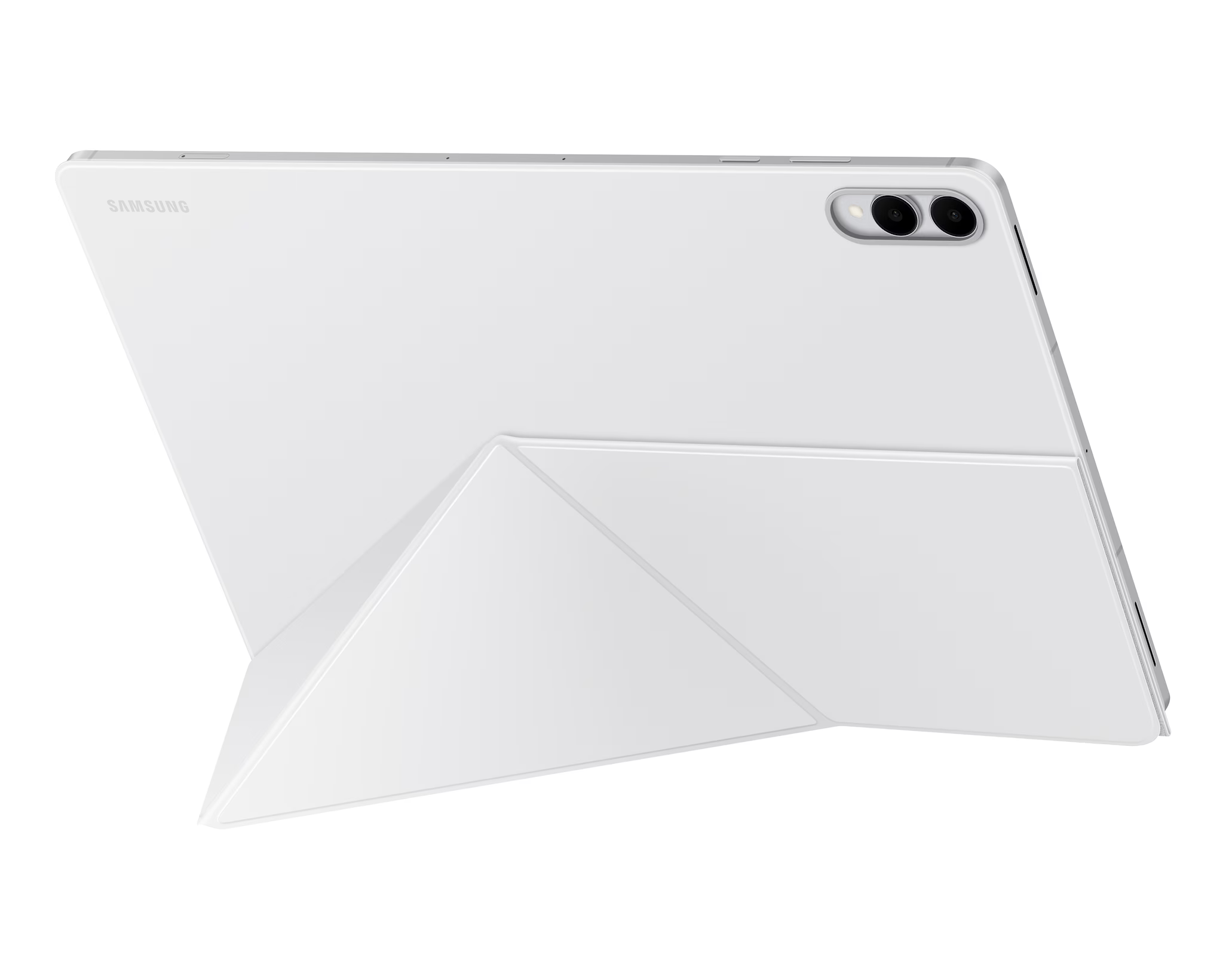 Fehér Samsung tablet fehér tokkal. A tok össze van hajtva, hogy megtámassza a tabletet. Két kamera látható.