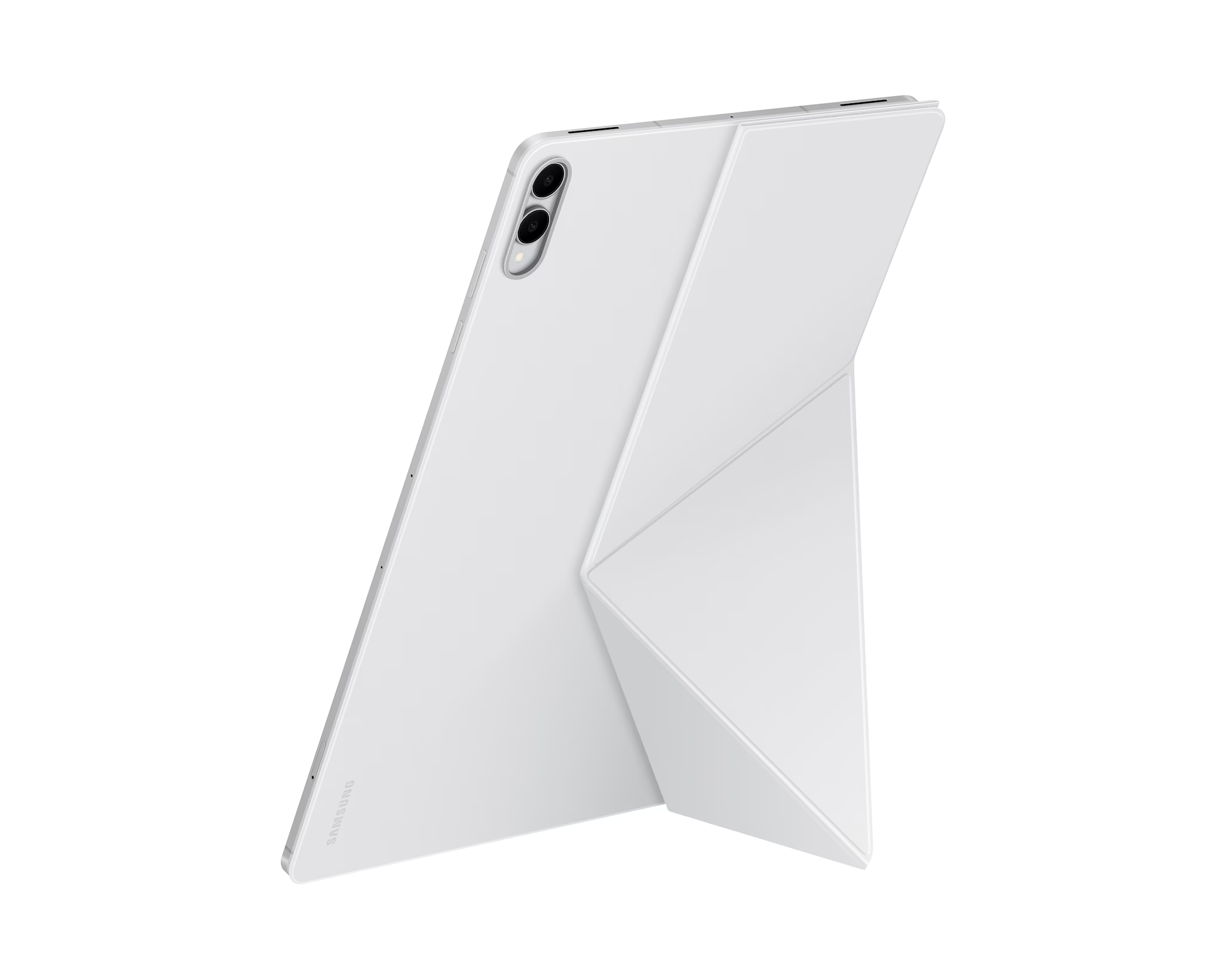 Fehér táblagép tokkal, ferde helyzetben. Kamerákat, a Samsung logót és a tok hajtogatott kialakítását mutatja.