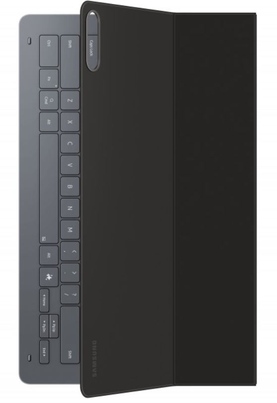 Egy fekete Samsung tablet billentyűzet tok részben nyitva van. A billentyűzet szürke, fehér betűkkel és szimbólumokkal. A tok fekete.