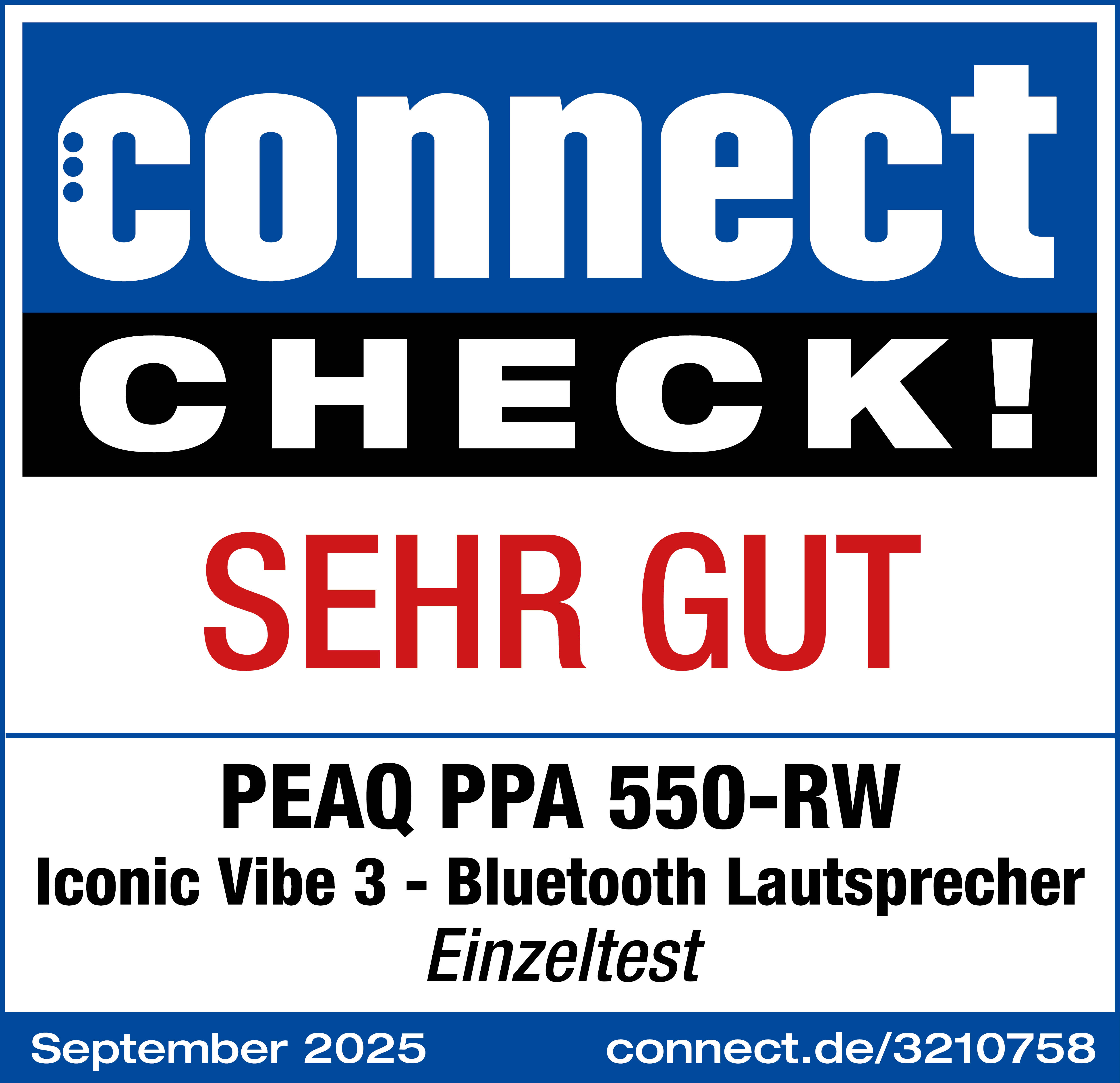 Das Bild ist eine Produktbewertung mit den Worten 'connect CHECK!' und 'SEHR GUT'. Es bewirbt einen Lautsprecher.