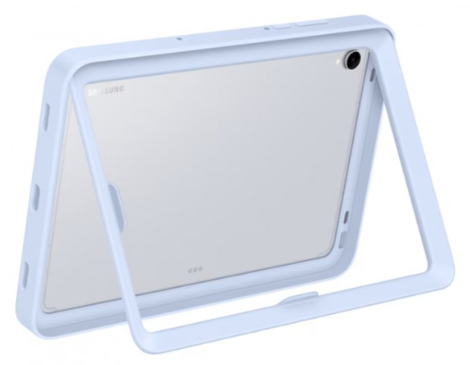Egy világoskék táblagép világoskék tokban. A tokban van egy állvány. A táblagépen a Samsung logója látható.