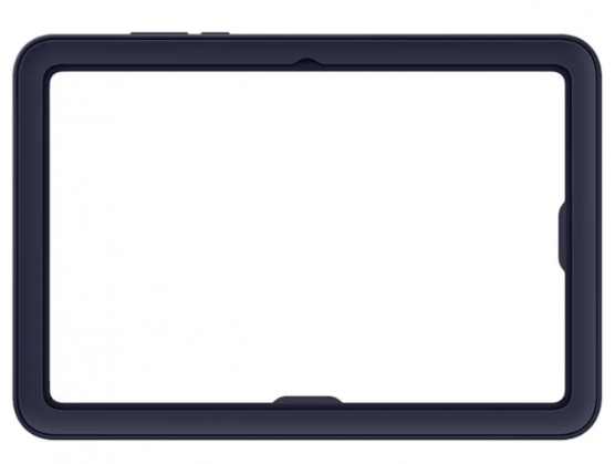 Sötétkék tablettok, téglalap alakú, lekerekített sarkokkal, fehér képernyőt vesz körül. Gombok láthatók a felső szélen.