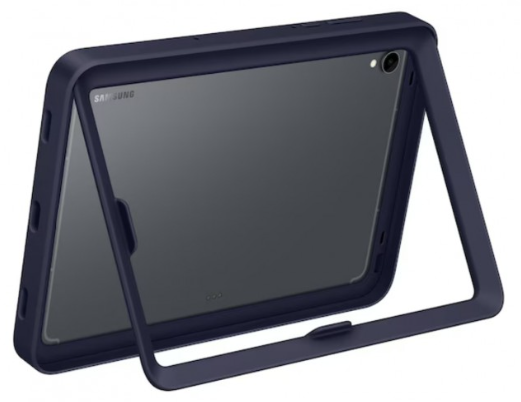 Egy sötétkék tablet tok beépített állvánnyal. Egy Samsung tablet van benne. A tok szögben áll.