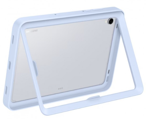 Egy világoskék Samsung tablet egy hozzá illő tokban. A tokban van egy állvány. A tablet a tiszta hátlapon keresztül látható.
