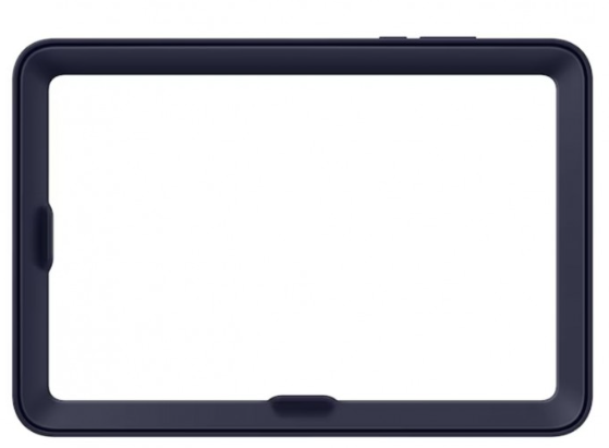 Sötétkék tablet keret lekerekített sarkokkal és üres fehér képernyővel. Kicsi gombok láthatók felül és alul.