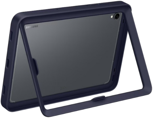 Egy sötétkék tablettok, beépített állvánnyal. Egy sötét tablet látható benne. A Samsung logója látható a képernyőn.