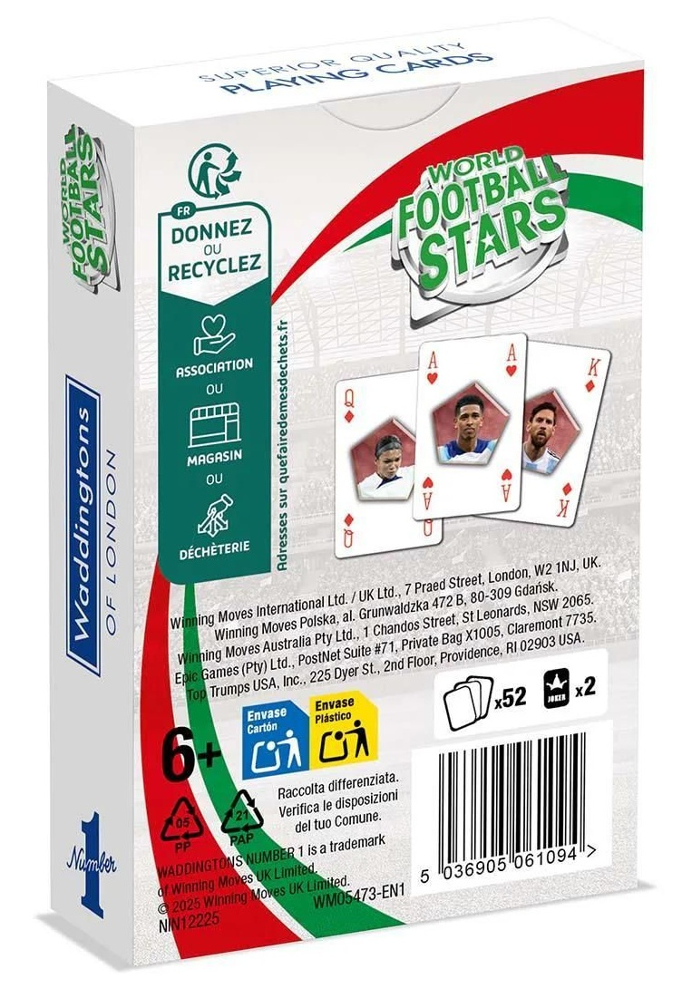 Kartonowe pudełko kart do gry 'World Football Stars', z kartami ze zdjęciami graczy i symbolami recyklingu.