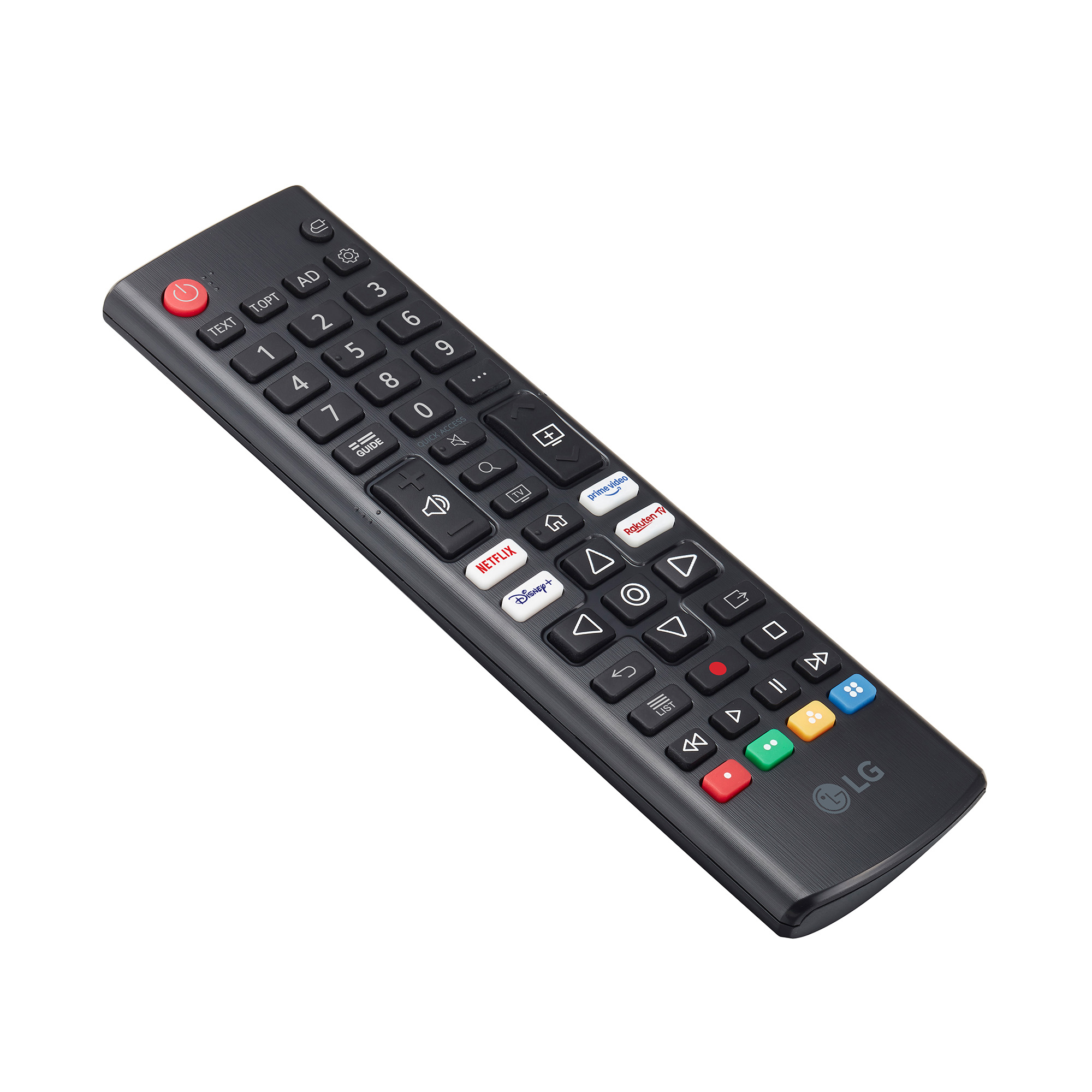 Un mando a distancia negro de LG. Tiene muchos botones con varias funciones y logotipos de servicios de streaming.