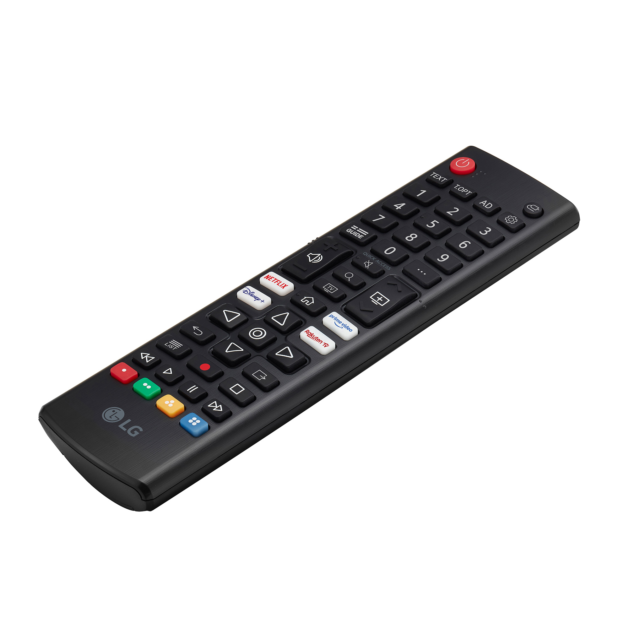 Mando a distancia negro de TV LG. Botones incluyen números, Netflix, Disney+, y controles de volumen, sobre fondo blanco.