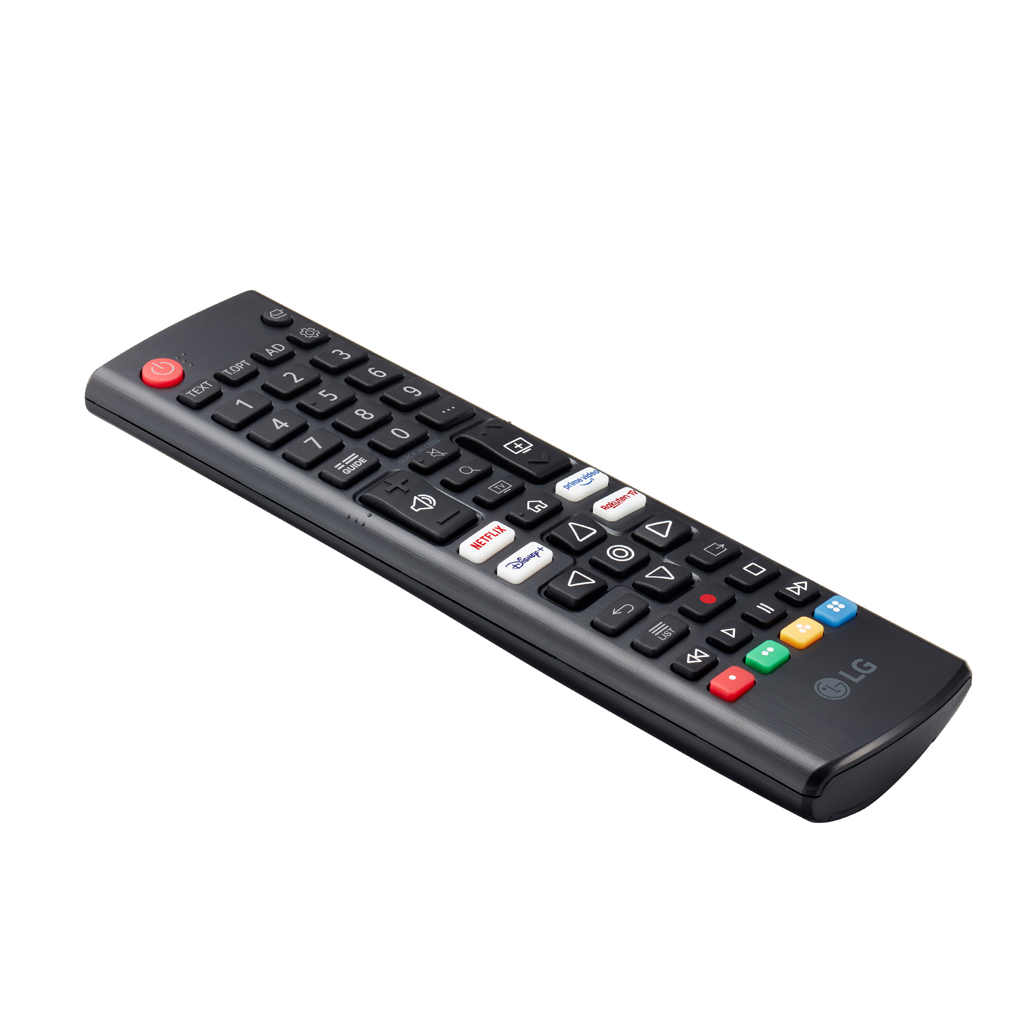 Un mando a distancia LG negro con muchos botones, incluidos Netflix, Disney+ y controles de volumen, sobre un fondo blanco.