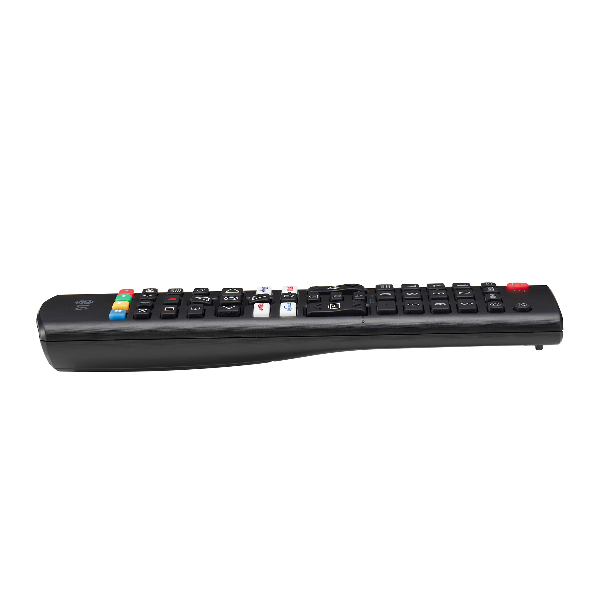 Mando a distancia negro de TV LG con botones de colores sobre fondo blanco.