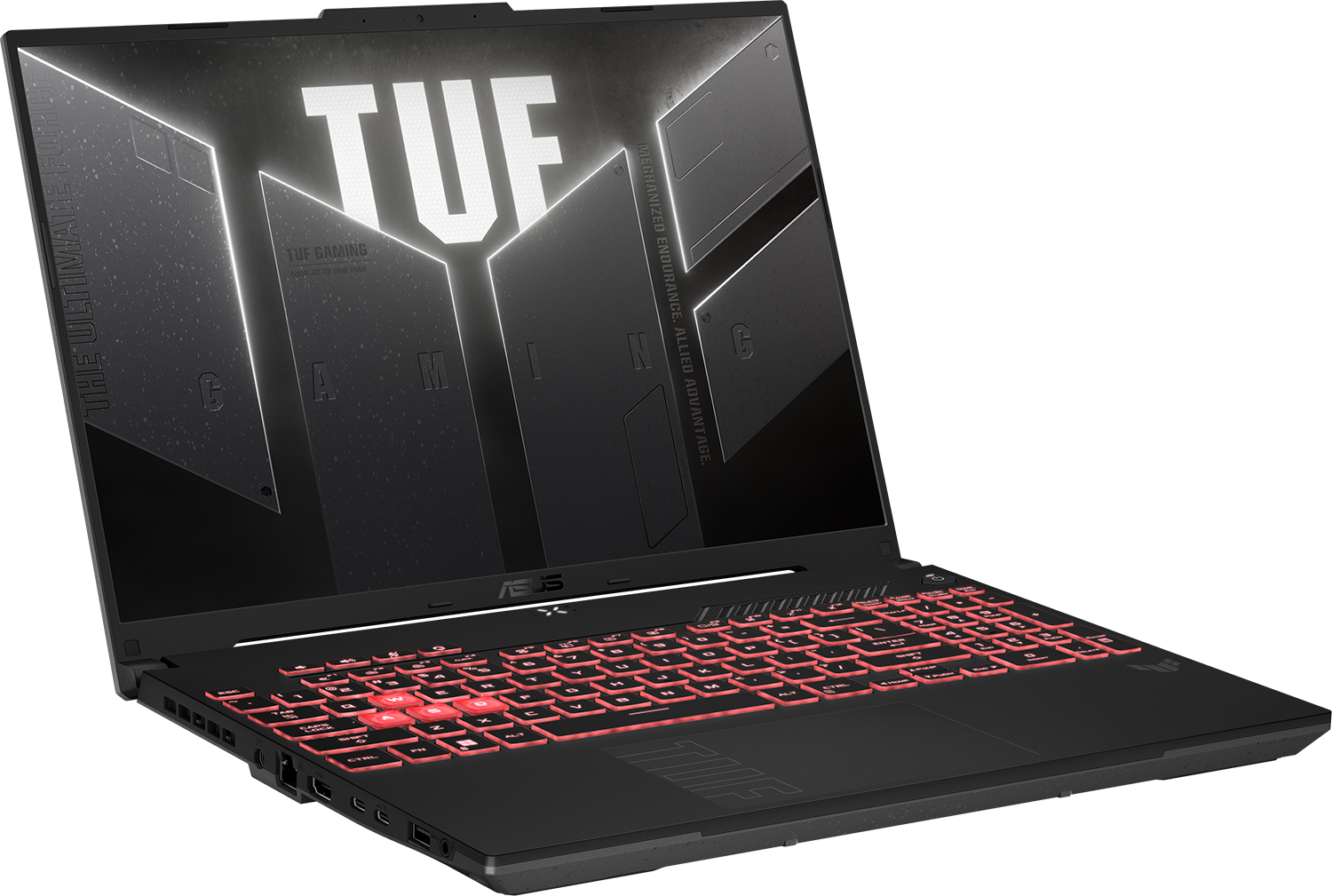 Fekete laptop piros háttérvilágítású billentyűzettel. A képernyőn a 'TUF' logó látható. A laptop szögben van, a billentyűzetet és a képernyőt mutatja.