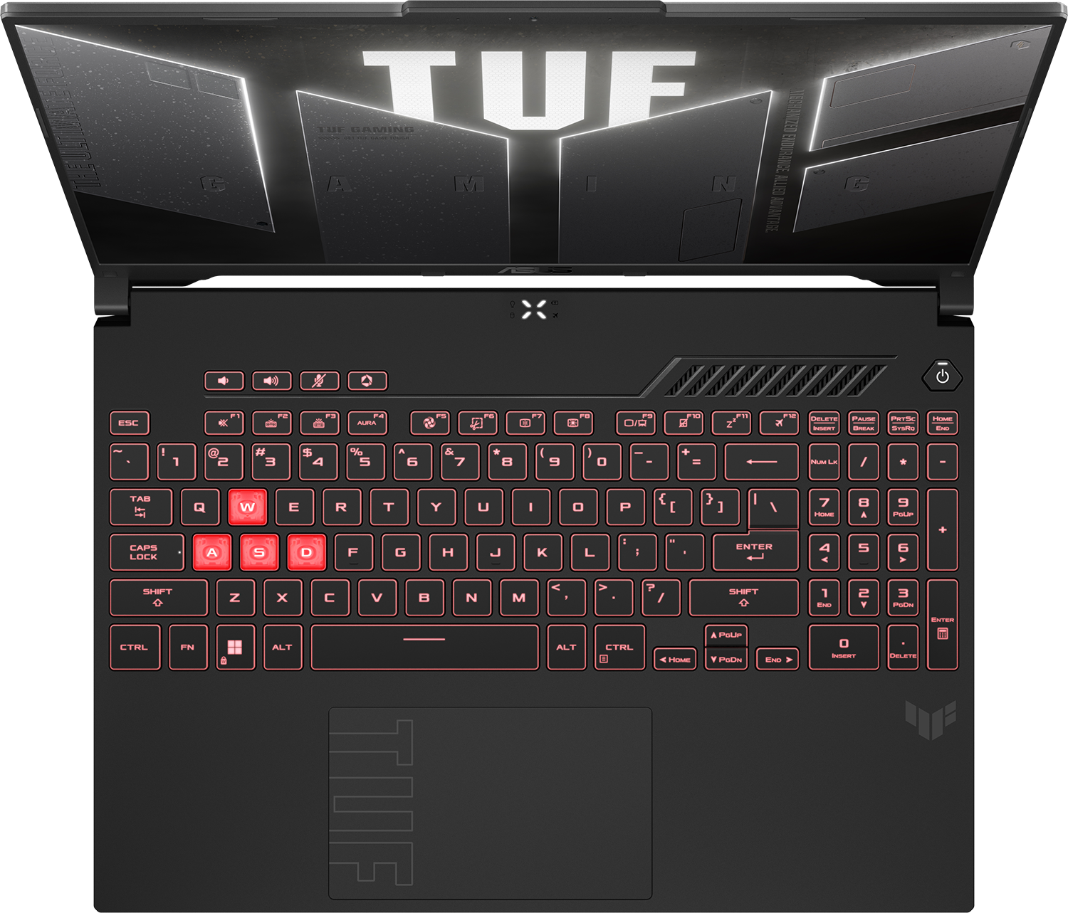 Fekete laptop, piros háttérvilágítású billentyűkkel, nyitva. A képernyőn a TUF logója látható. A billentyűzet alatt egy érintőpad található.